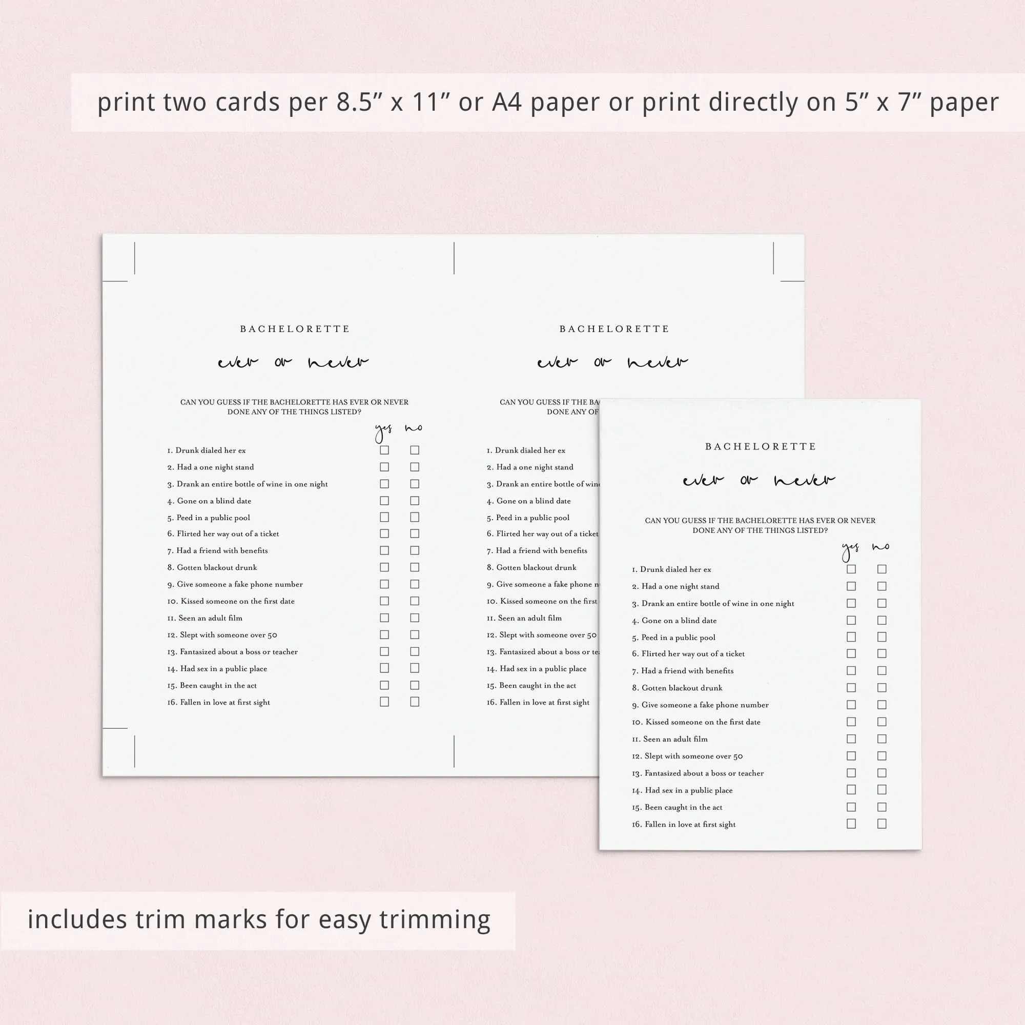 Bachelorette Ever or Never Game Printable