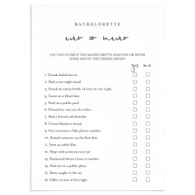 Bachelorette Ever or Never Game Printable