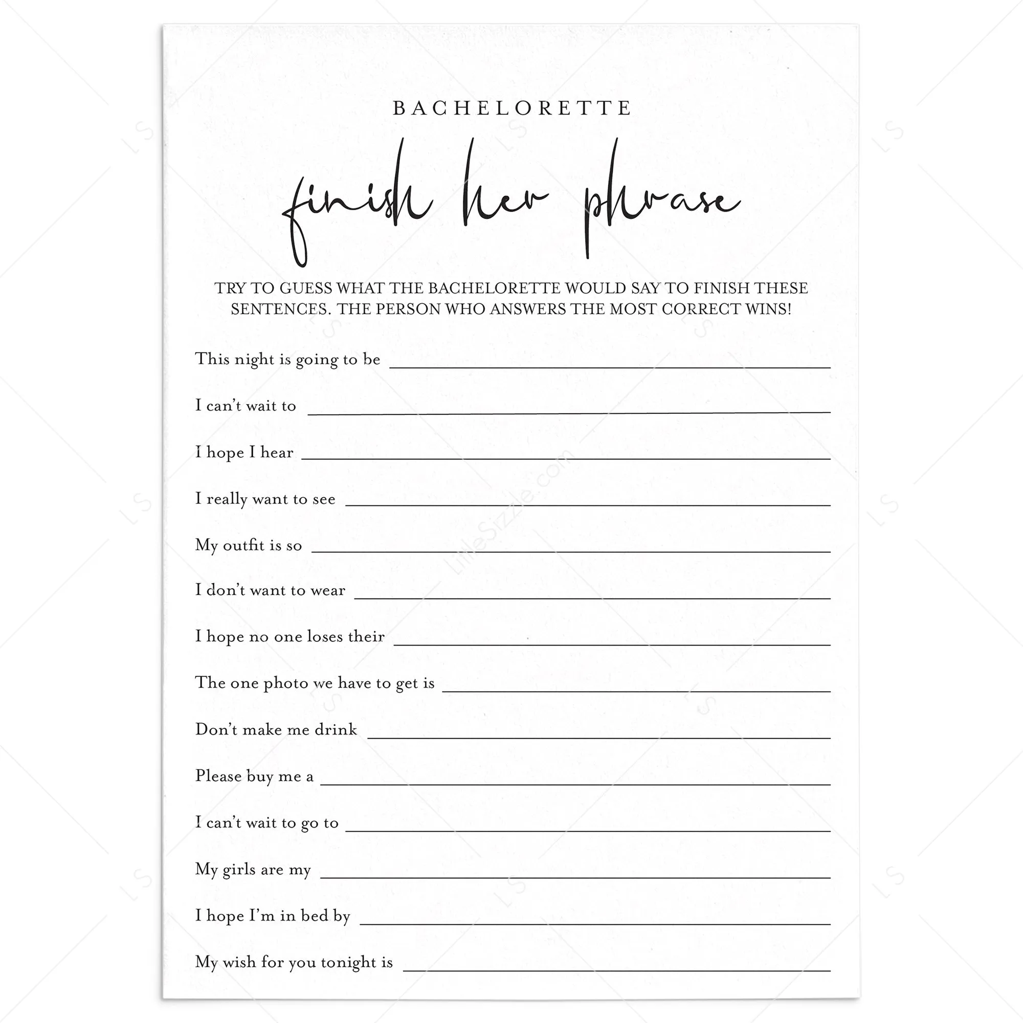 Bachelorette Ice Breaker Game Finish Her Phrase Printable