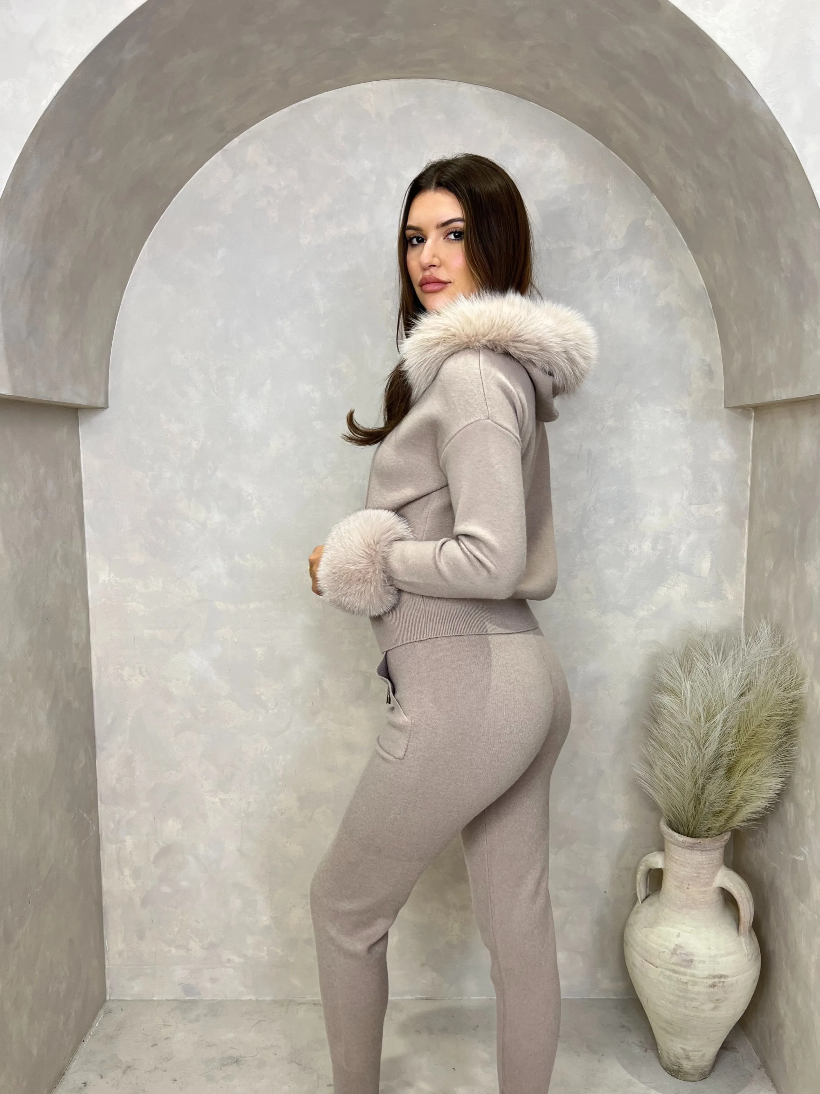 Beige Luxury Fur Trim Hood & Cuff Jogger Tracksuit