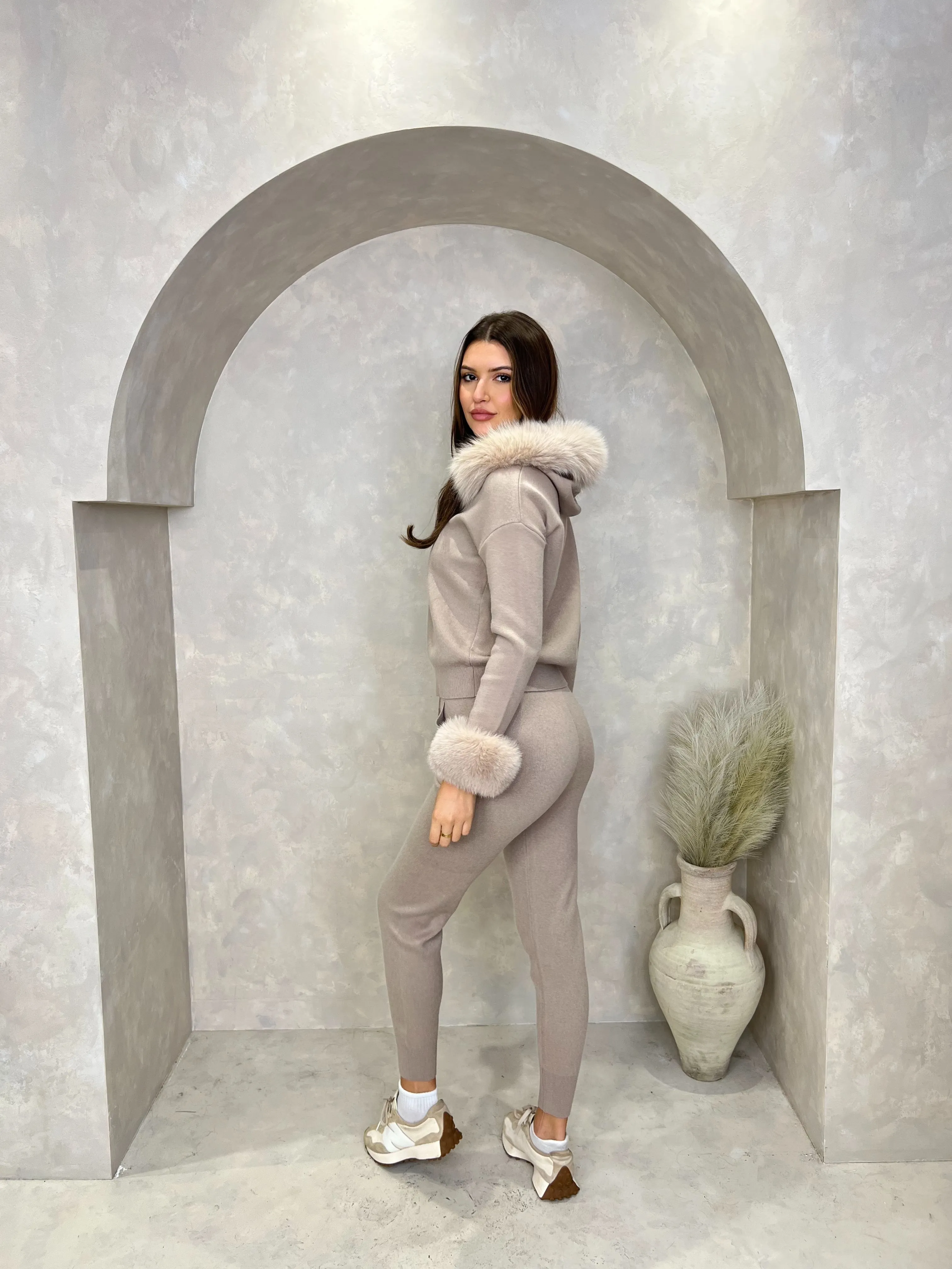 Beige Luxury Fur Trim Hood & Cuff Jogger Tracksuit