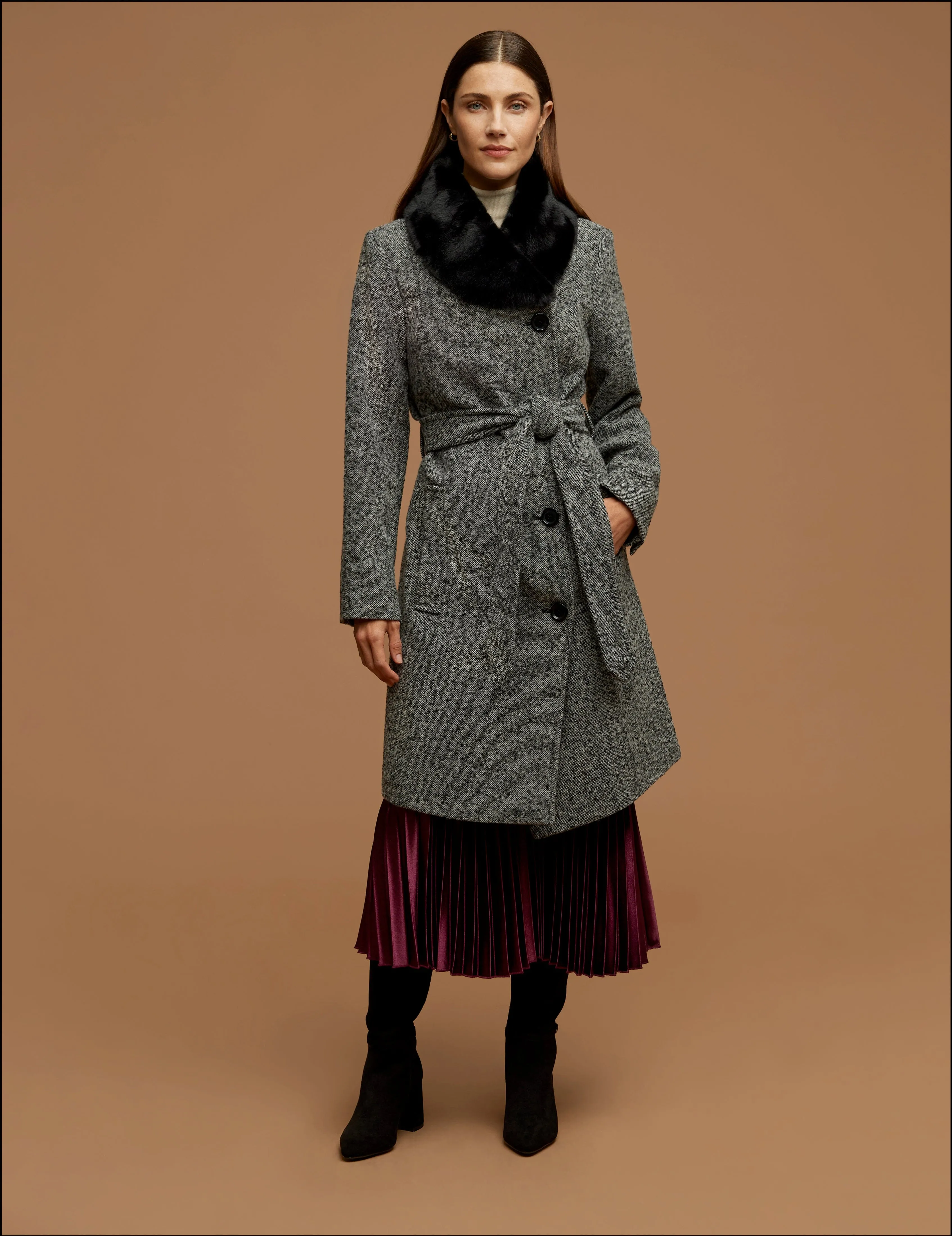 Belted Wrap Wool Coat With Fur Collar