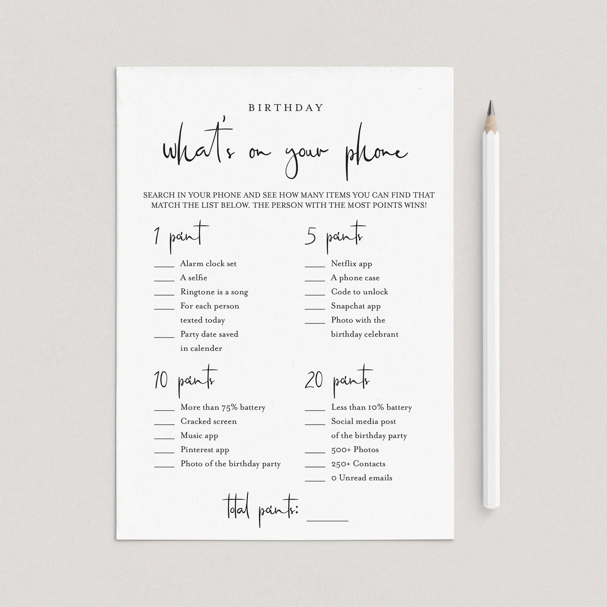Birthday What's On Your Phone Game Card Printable