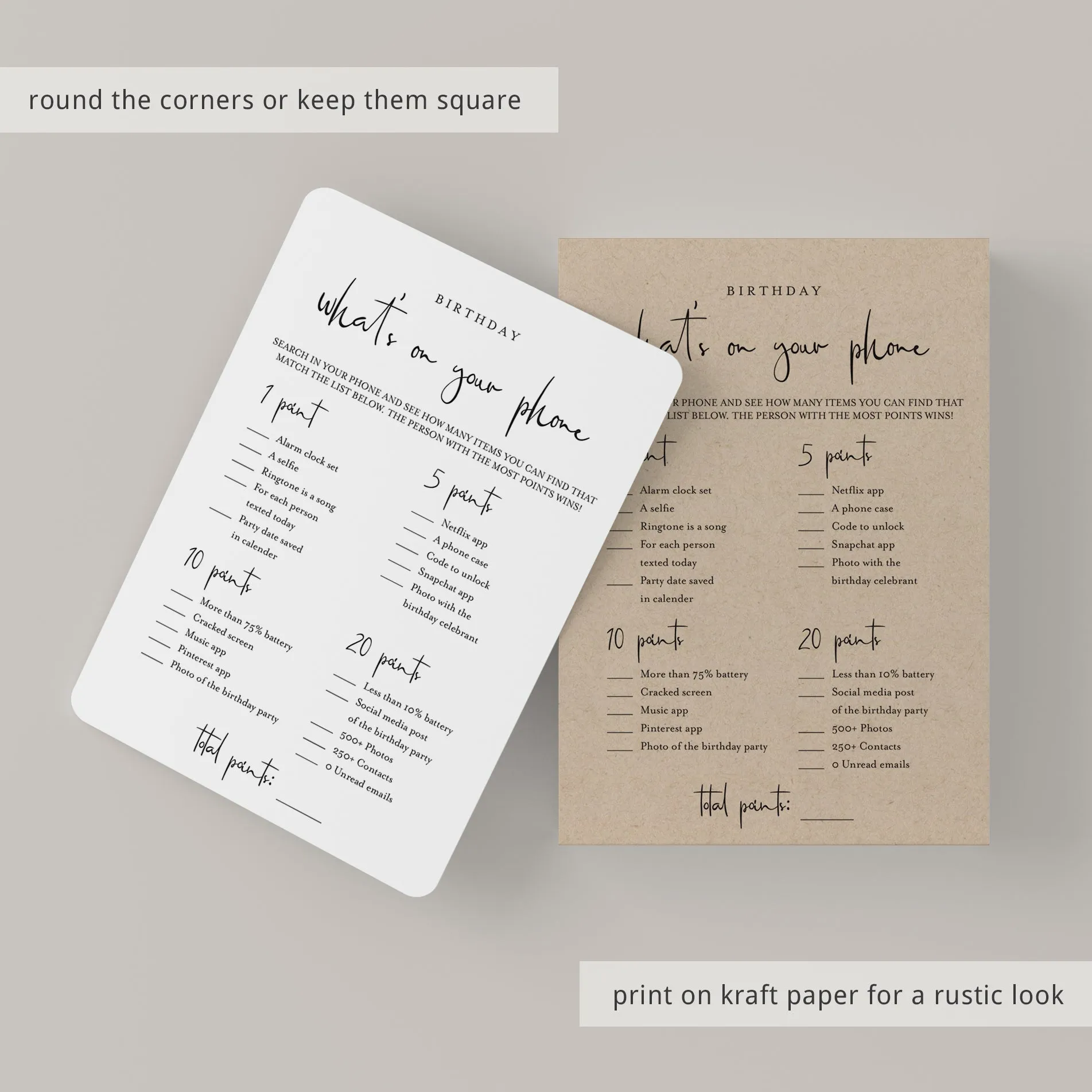 Birthday What's On Your Phone Game Card Printable