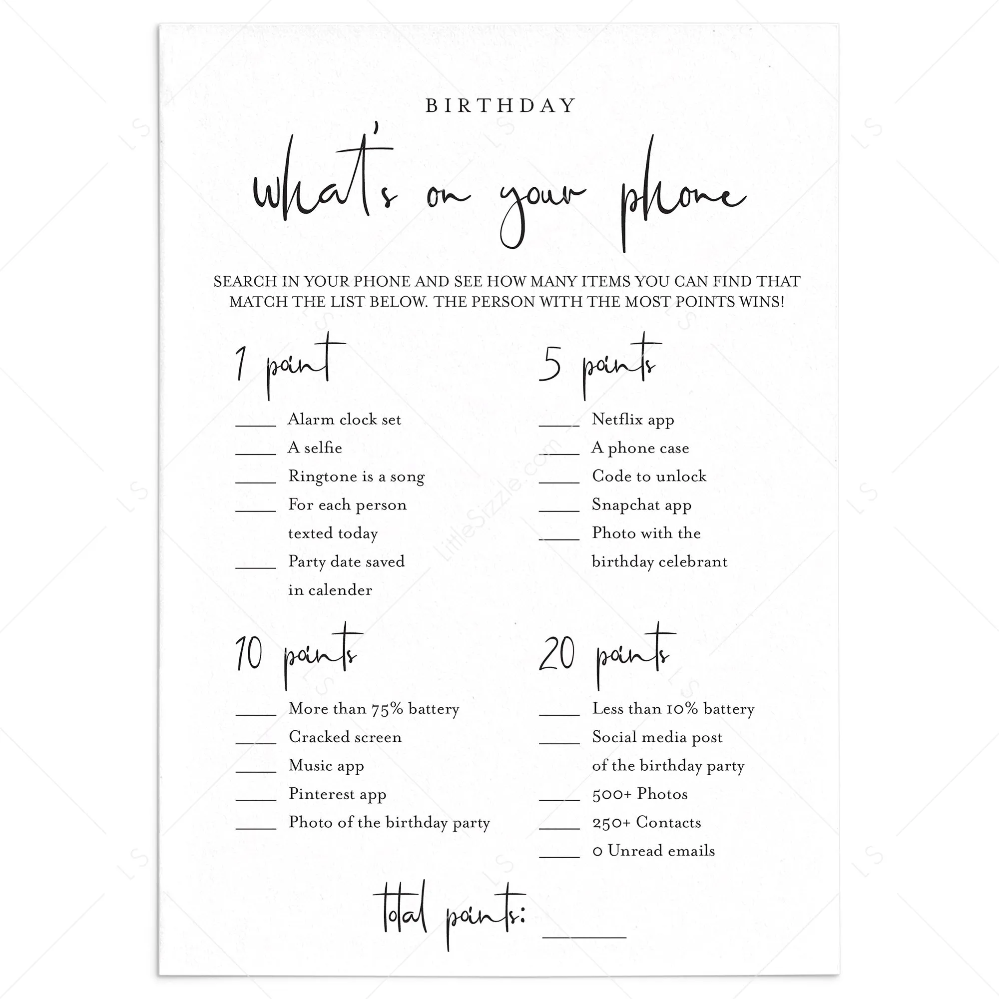 Birthday What's On Your Phone Game Card Printable