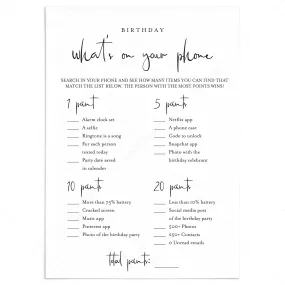 Birthday What's On Your Phone Game Card Printable