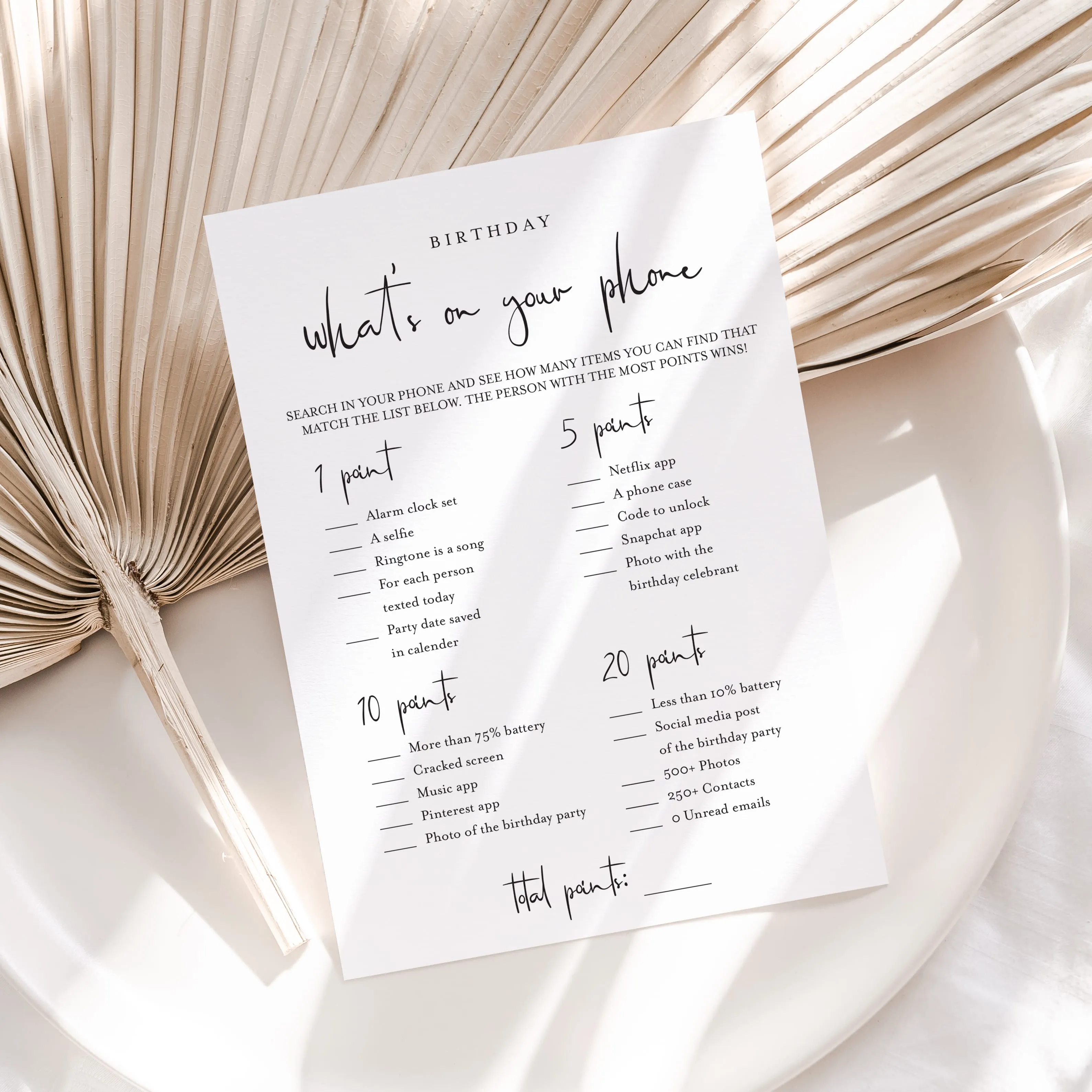 Birthday What's On Your Phone Game Card Printable