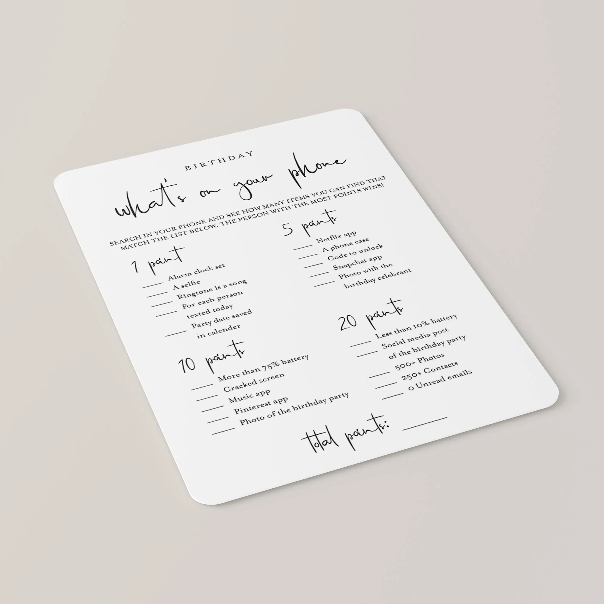 Birthday What's On Your Phone Game Card Printable