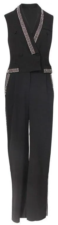 Black Double-Breasted Crystal-Embellished Jumpsuit