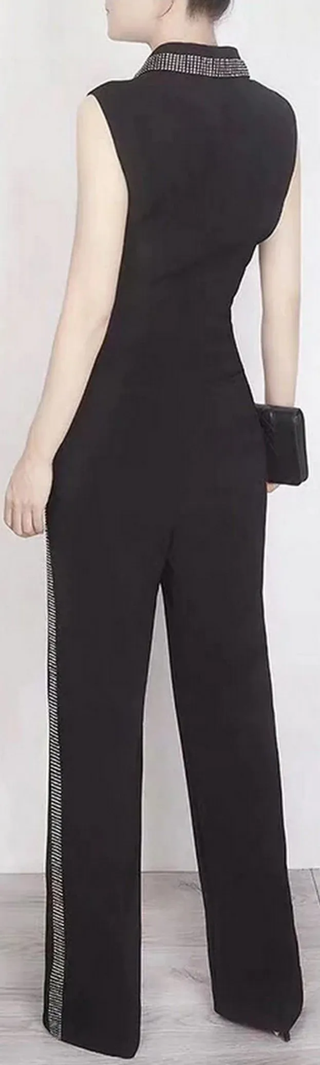 Black Double-Breasted Crystal-Embellished Jumpsuit