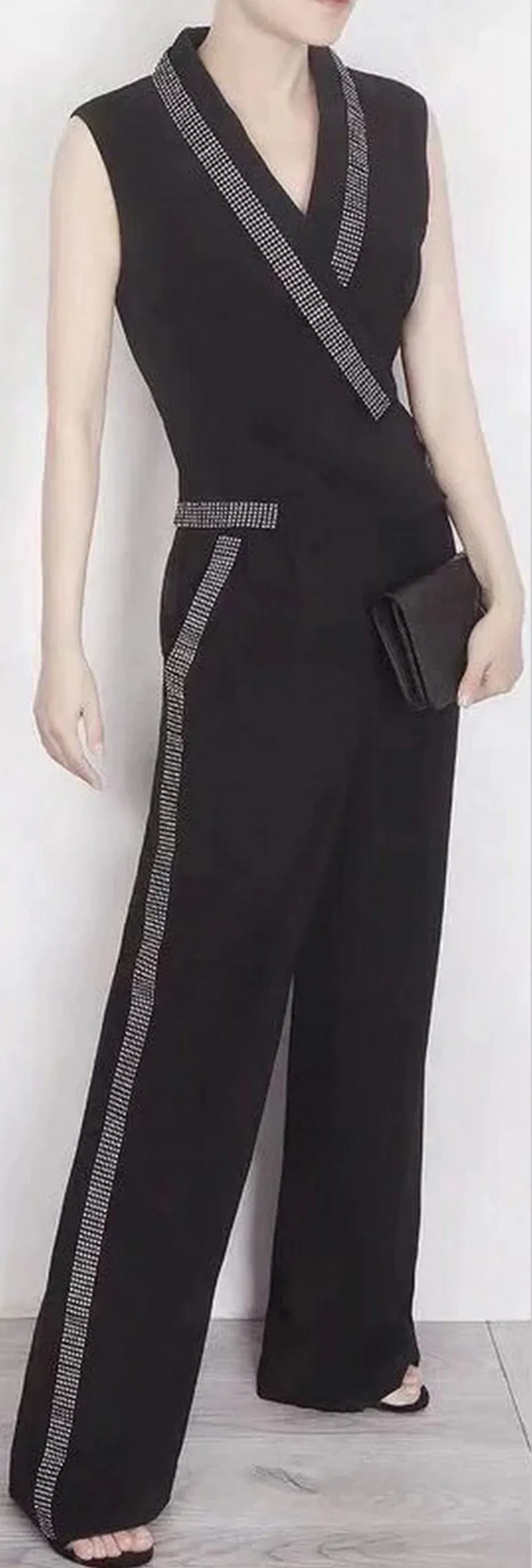 Black Double-Breasted Crystal-Embellished Jumpsuit