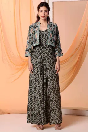 Black Eraya Printed Jumpsuit & Jacket Set