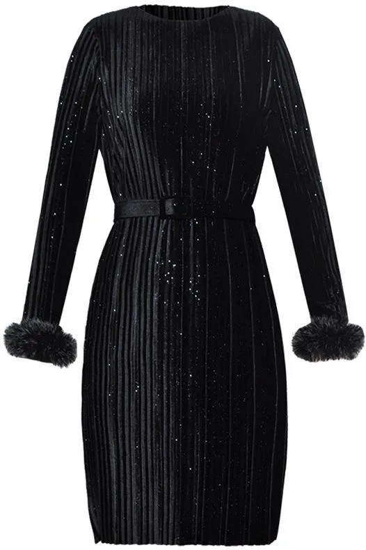 Black Glitter Pleated Dress with Rabbit-Fur-Trim