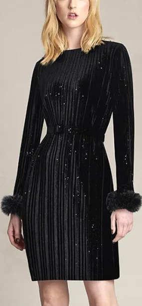 Black Glitter Pleated Dress with Rabbit-Fur-Trim