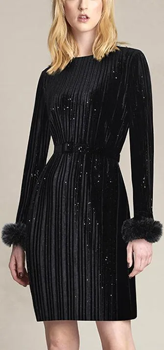 Black Glitter Pleated Dress with Rabbit-Fur-Trim