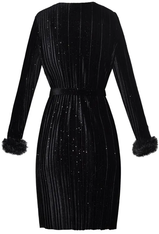 Black Glitter Pleated Dress with Rabbit-Fur-Trim