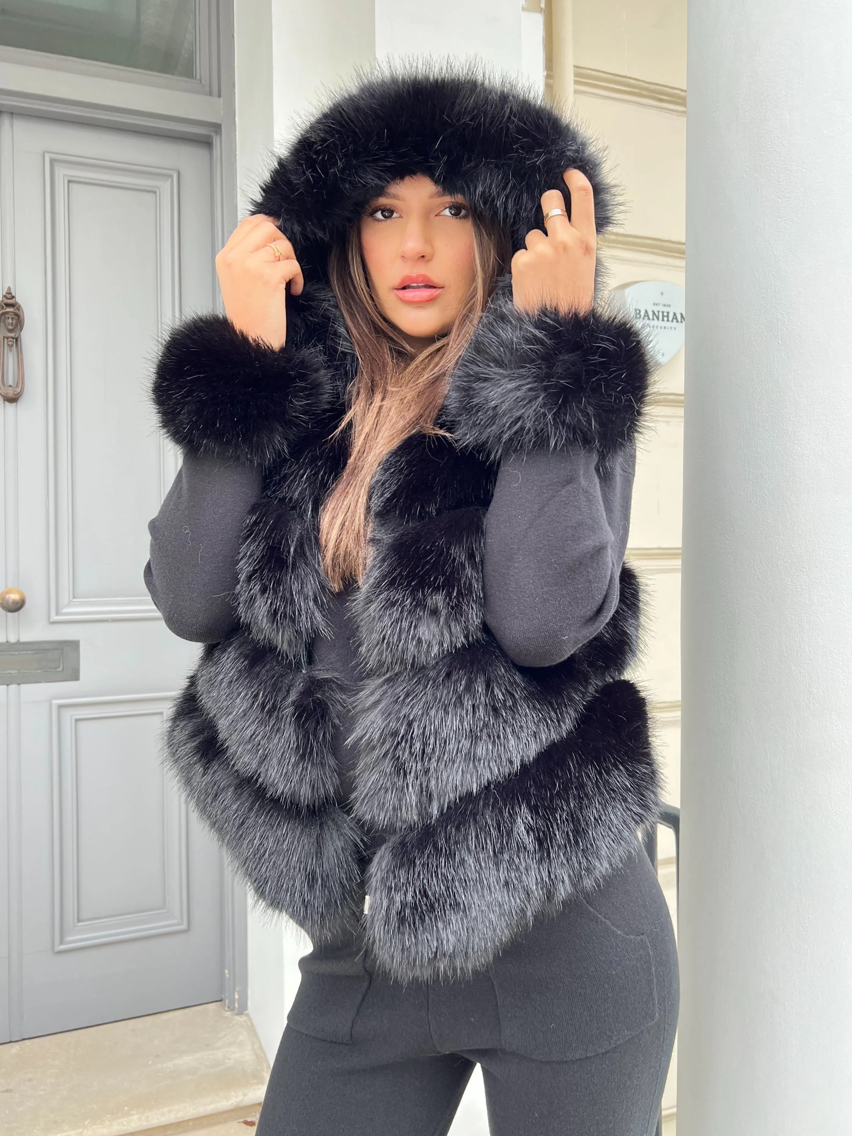 Black Premium Faux Fur Trim Hood & Cuff Jogger Tracksuit