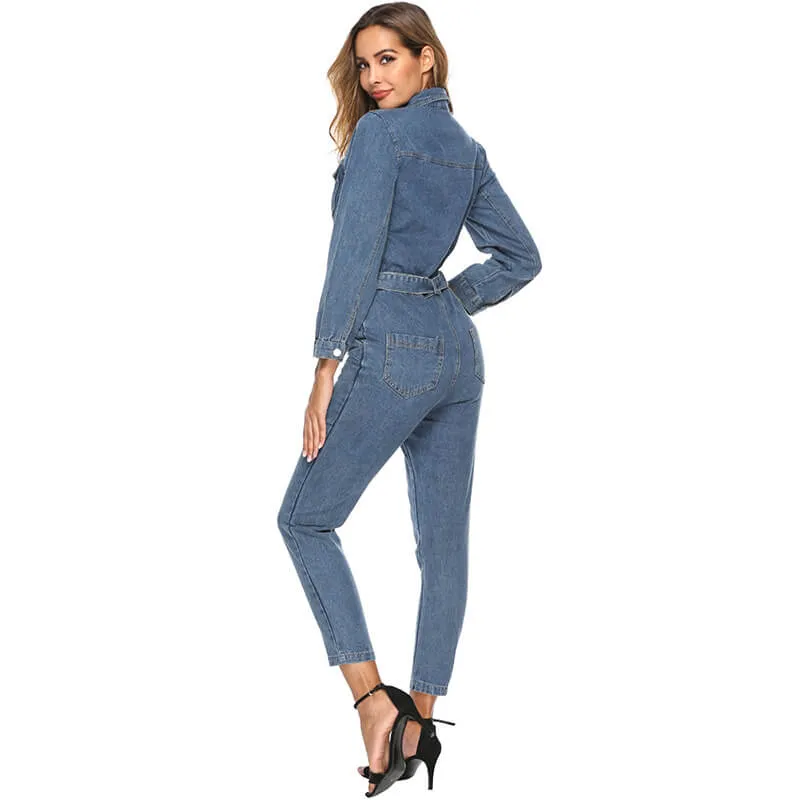 Blue Long Sleeves Denim Belt Skinny Jumpsuits