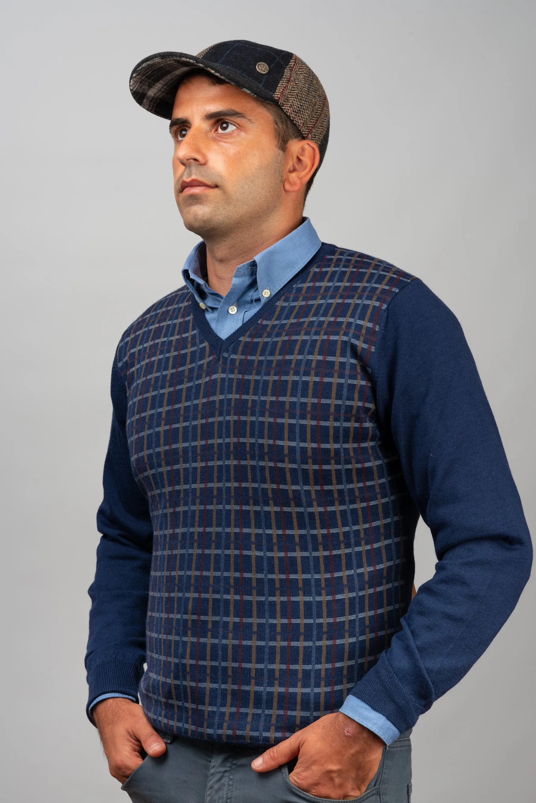 Blue "Cross" Merino V-Neck Sweater