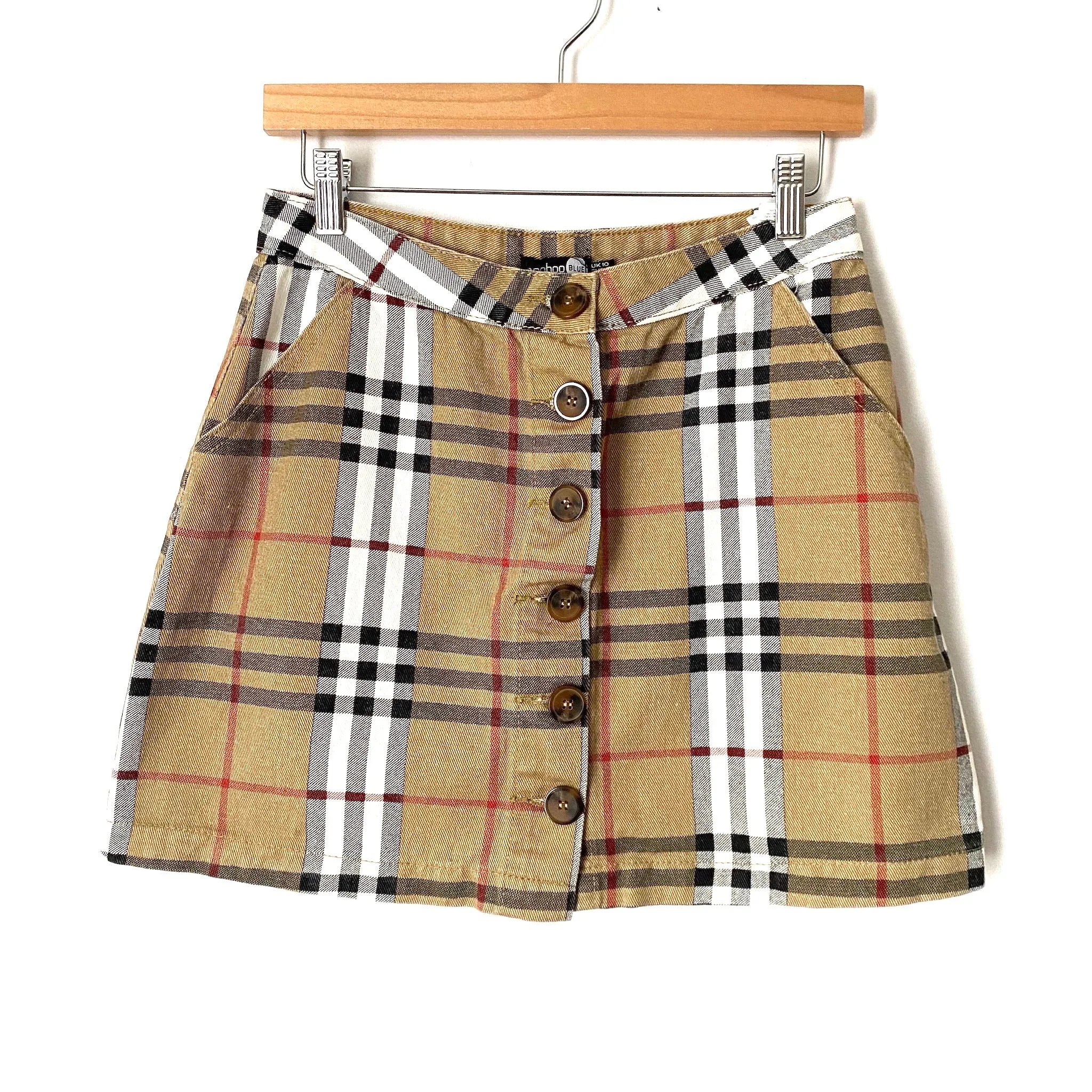 Boohoo Blue Petite Oversized Denim Button Up Check Mini Skirt NWT- size 6