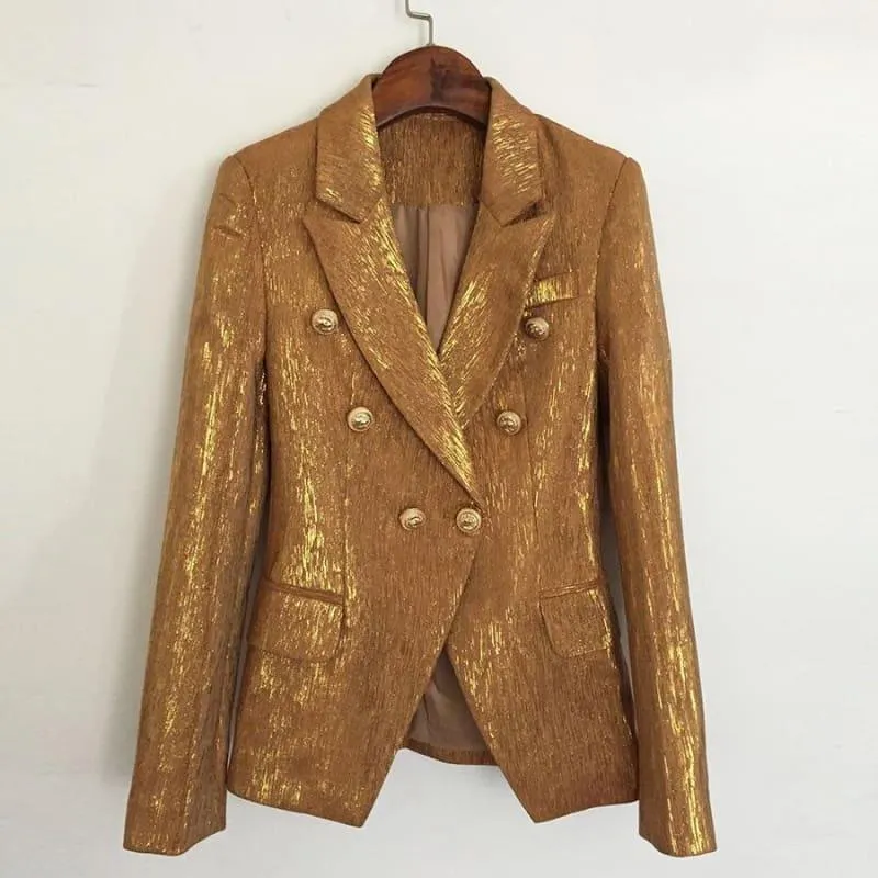Brown Designer Blazer Women's Lion Metal Buttons Double Breasted Blazer Jacket