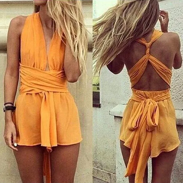 Casual Back Cross Strap V Neck Backless Chiffon Jumpsuit