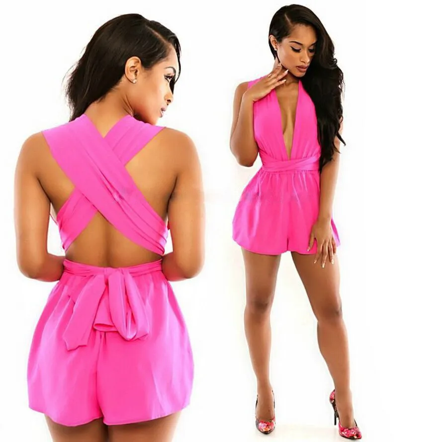 Casual Back Cross Strap V Neck Backless Chiffon Jumpsuit
