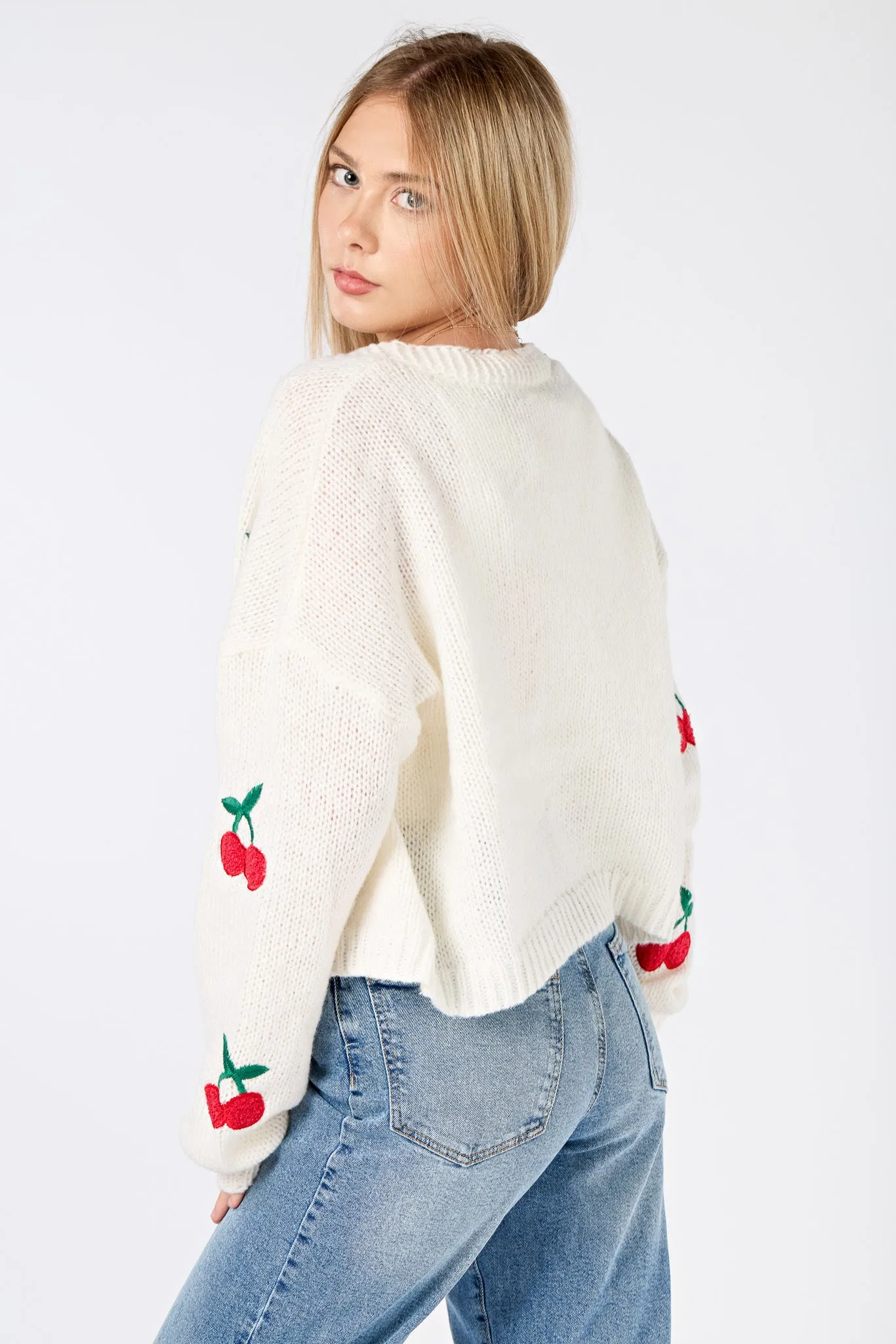 Cherry Embroidered Open Cardigan