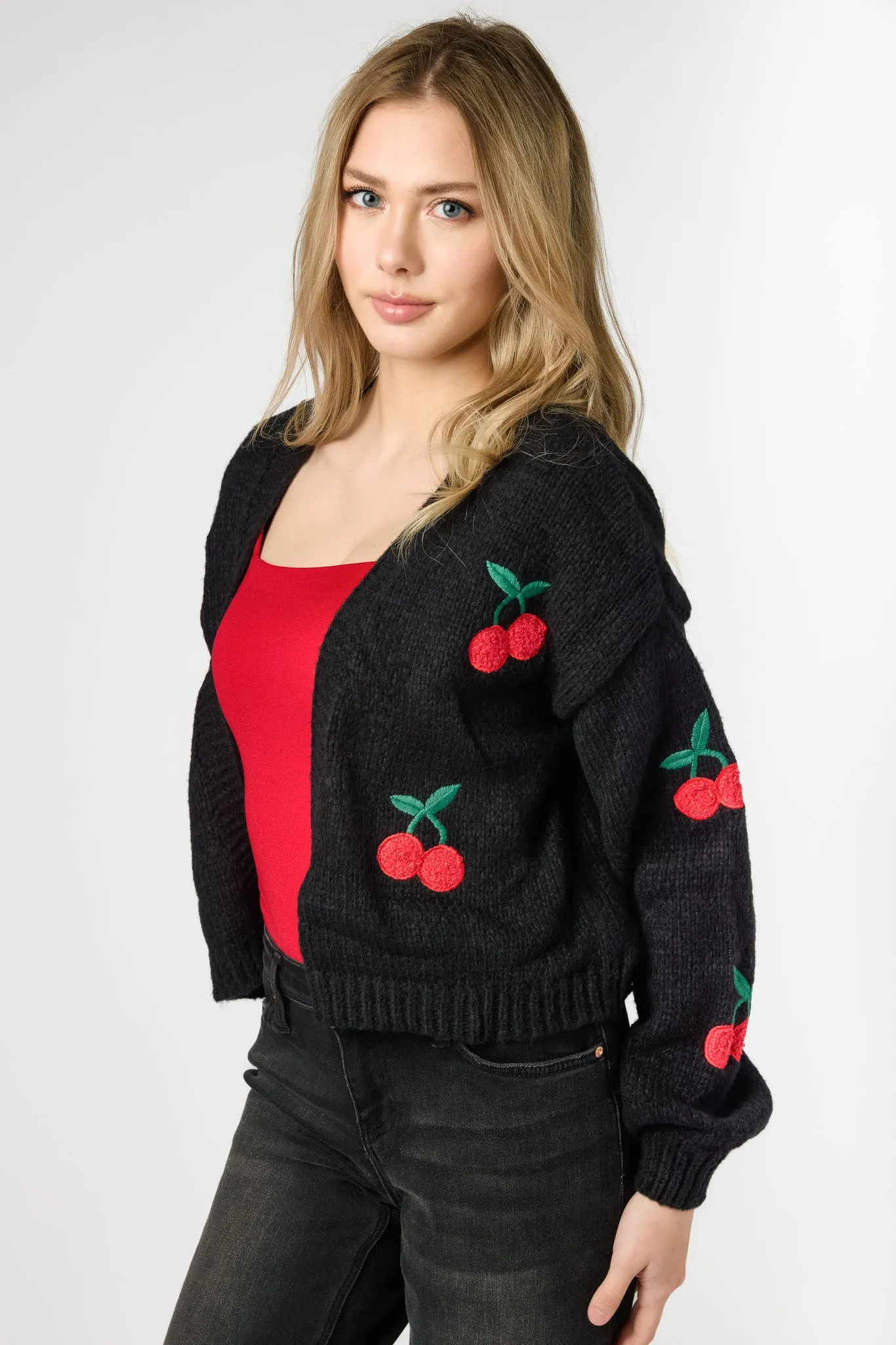 Cherry Embroidered Open Cardigan