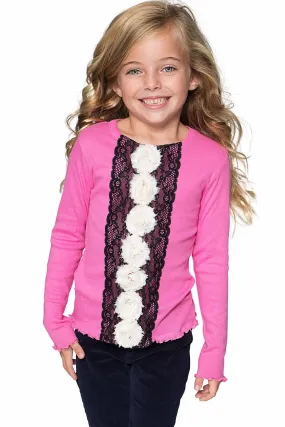 Chic Hot Pink Cute Dressy Top with Flower Trim - Girls
