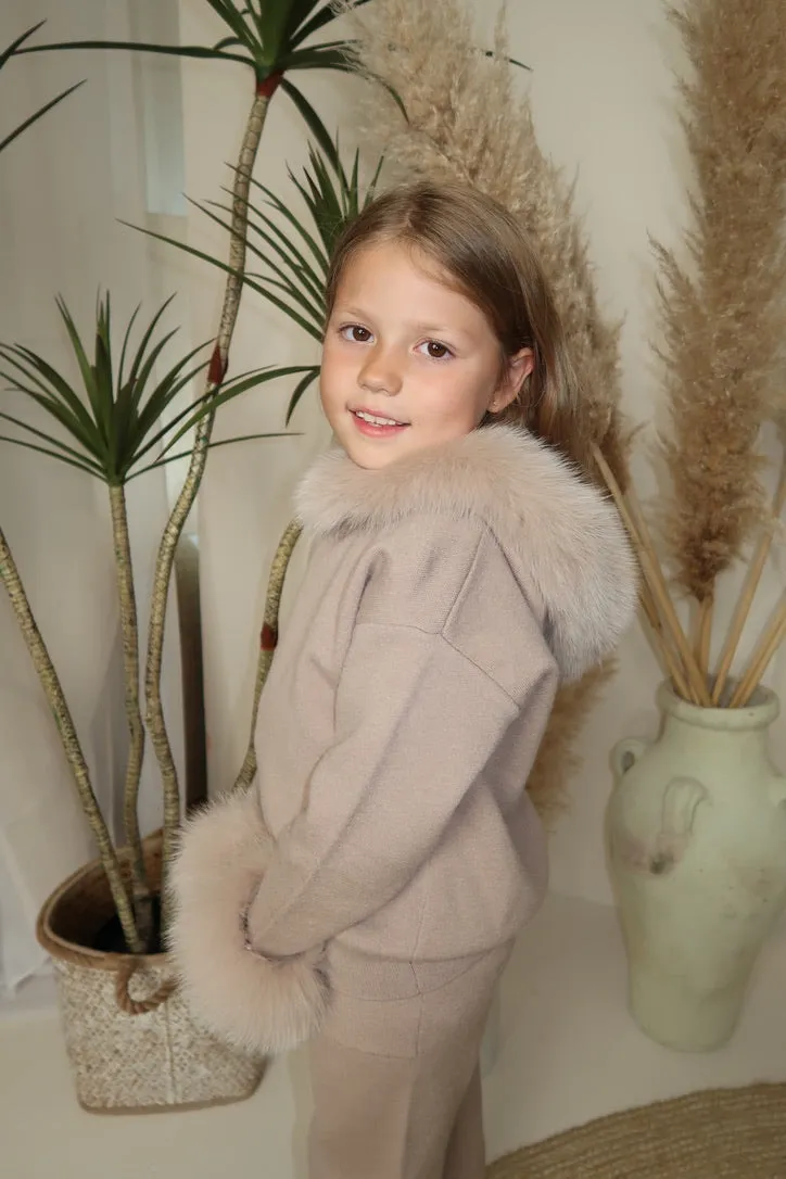 Childrens Beige Luxury Fur Trim Hood & Cuff Tracksuit