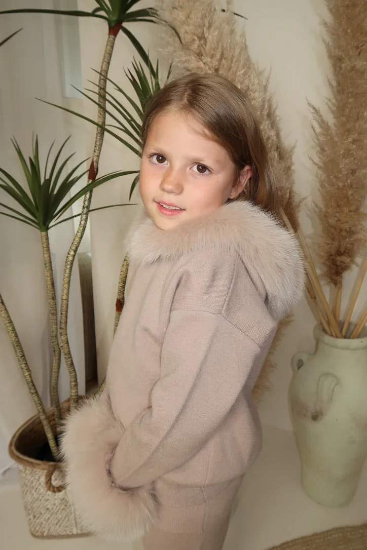 Childrens Beige Luxury Fur Trim Hood & Cuff Tracksuit