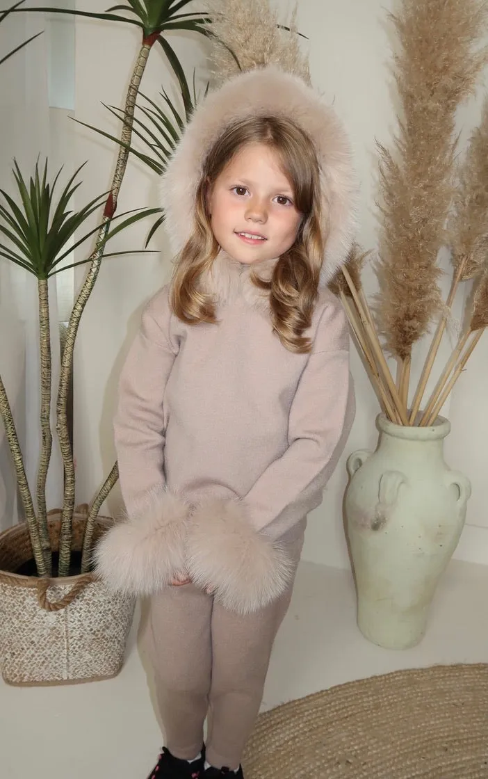 Childrens Beige Luxury Fur Trim Hood & Cuff Tracksuit