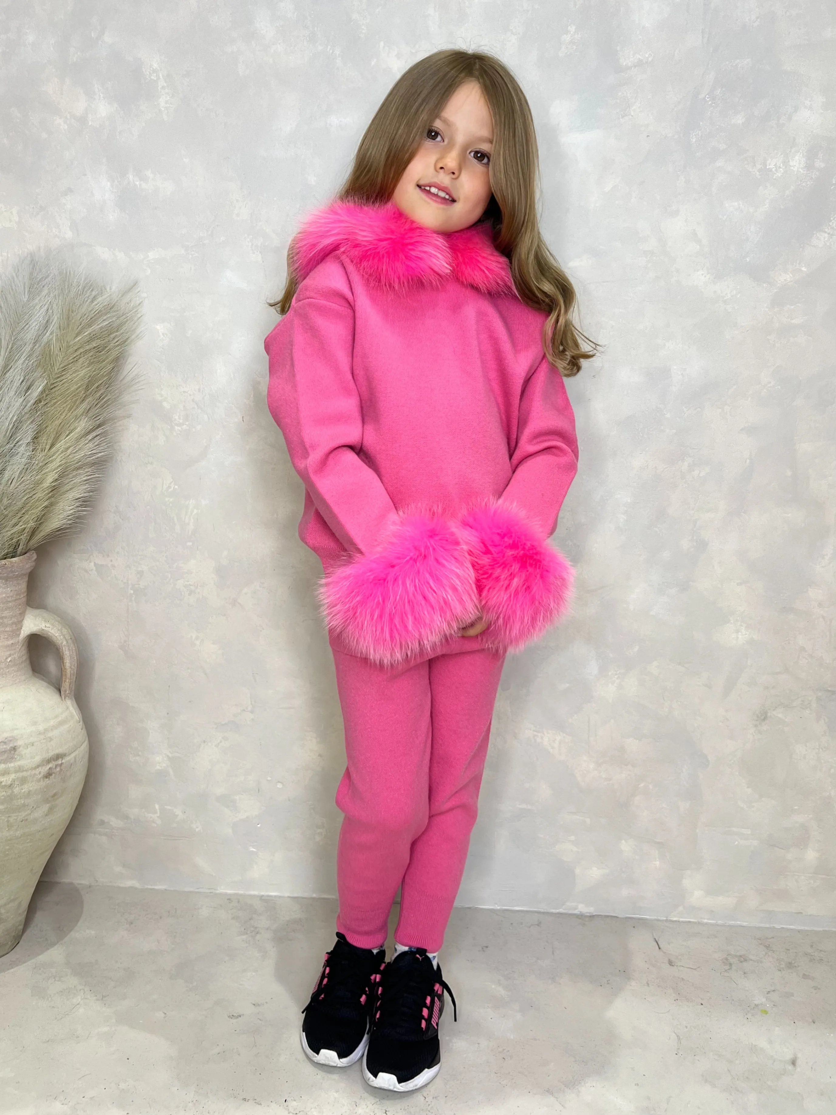 Childrens Hot Pink Luxury Fur Trim Hood & Cuff Tracksuit