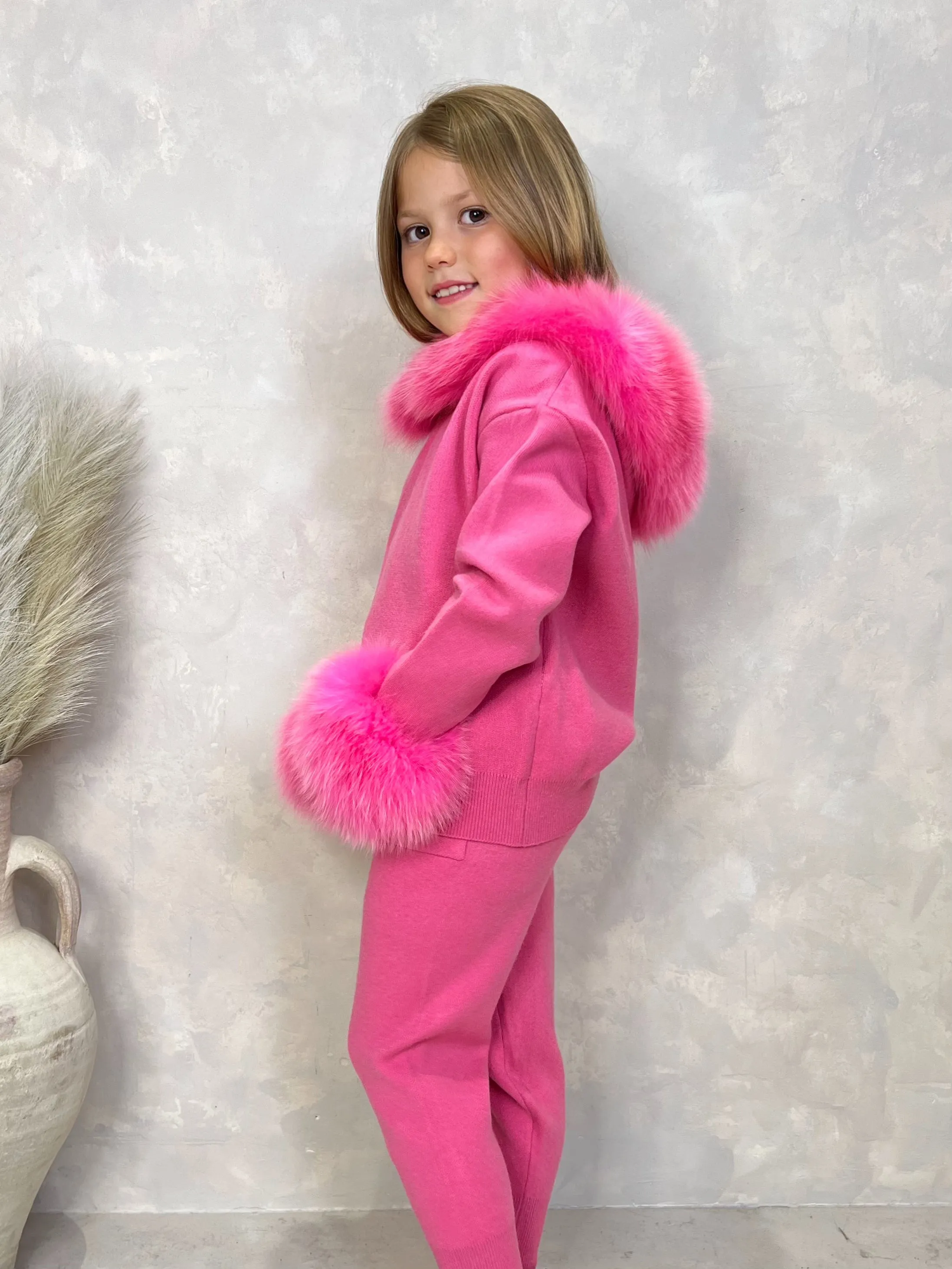 Childrens Hot Pink Luxury Fur Trim Hood & Cuff Tracksuit