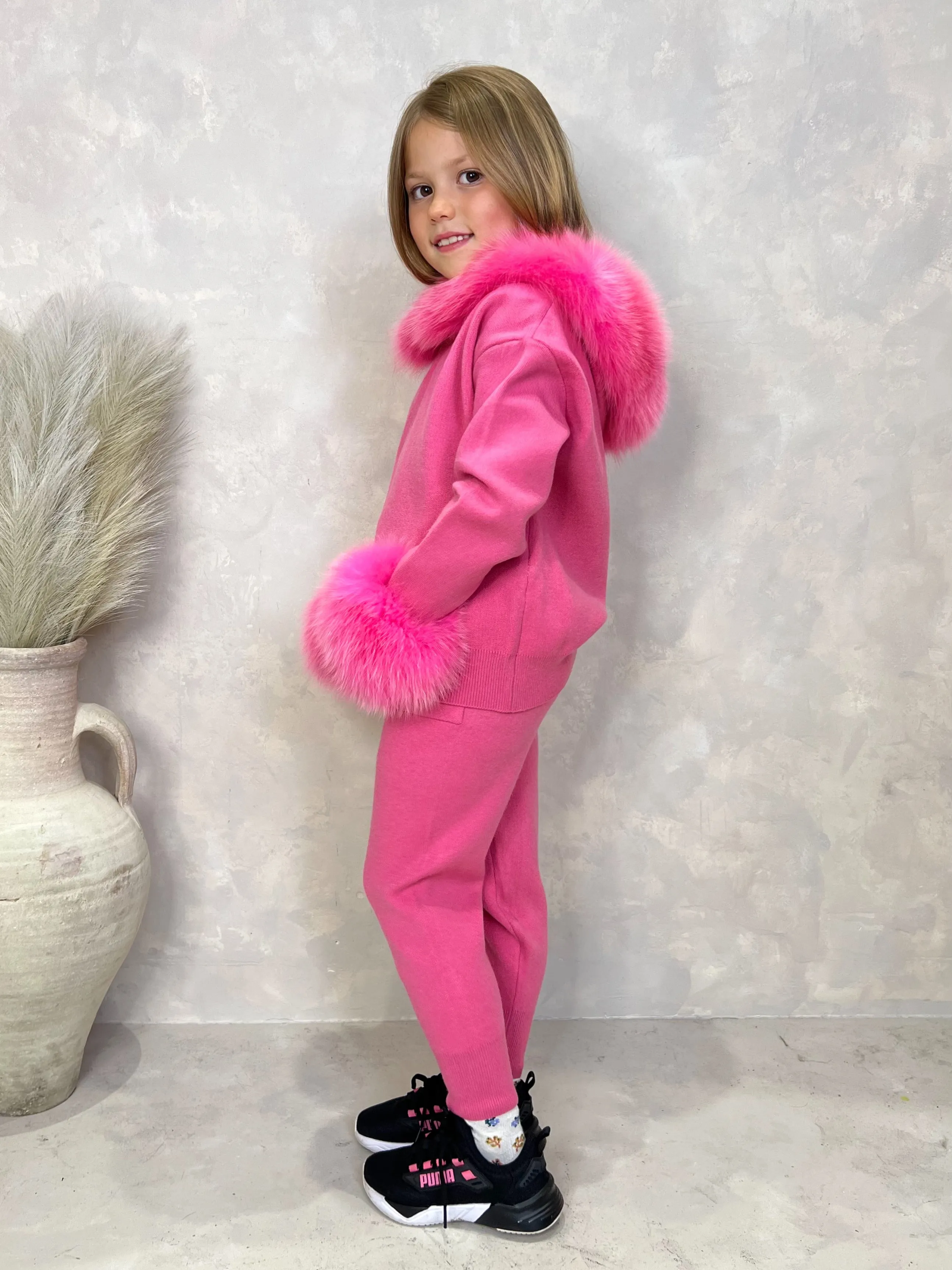 Childrens Hot Pink Luxury Fur Trim Hood & Cuff Tracksuit