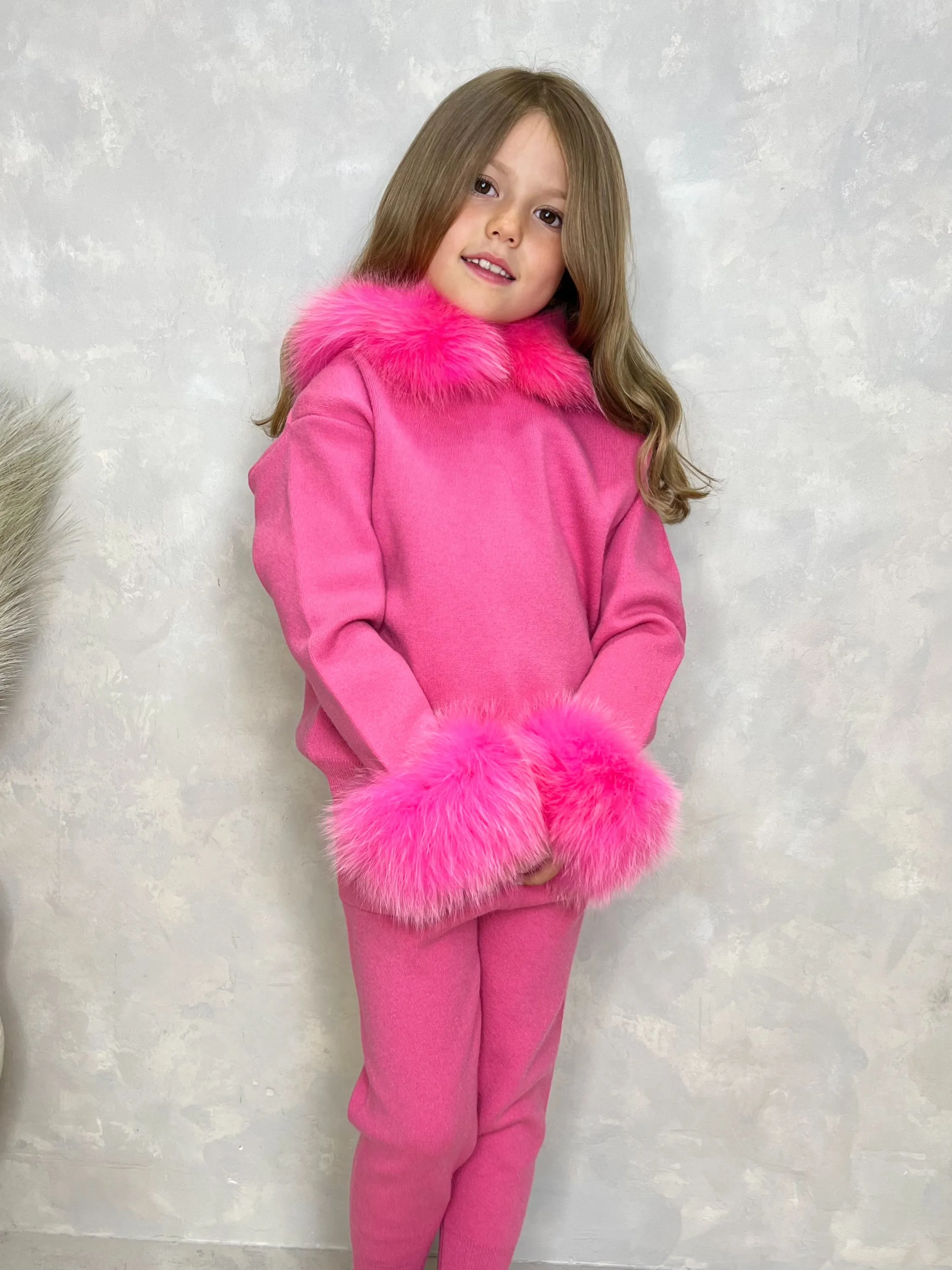 Childrens Hot Pink Luxury Fur Trim Hood & Cuff Tracksuit