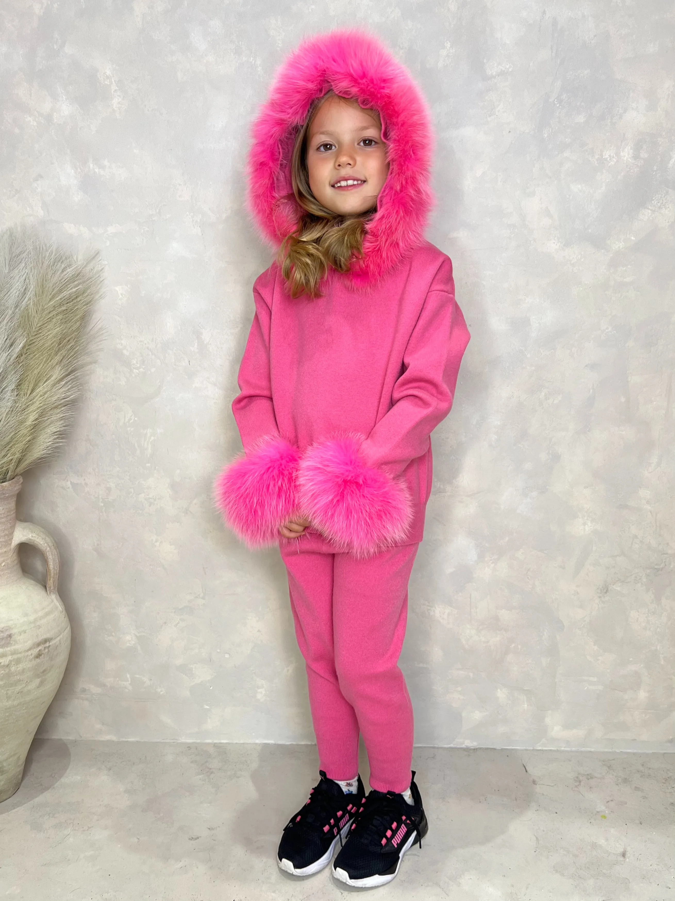 Childrens Hot Pink Luxury Fur Trim Hood & Cuff Tracksuit