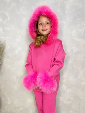 Childrens Hot Pink Luxury Fur Trim Hood & Cuff Tracksuit