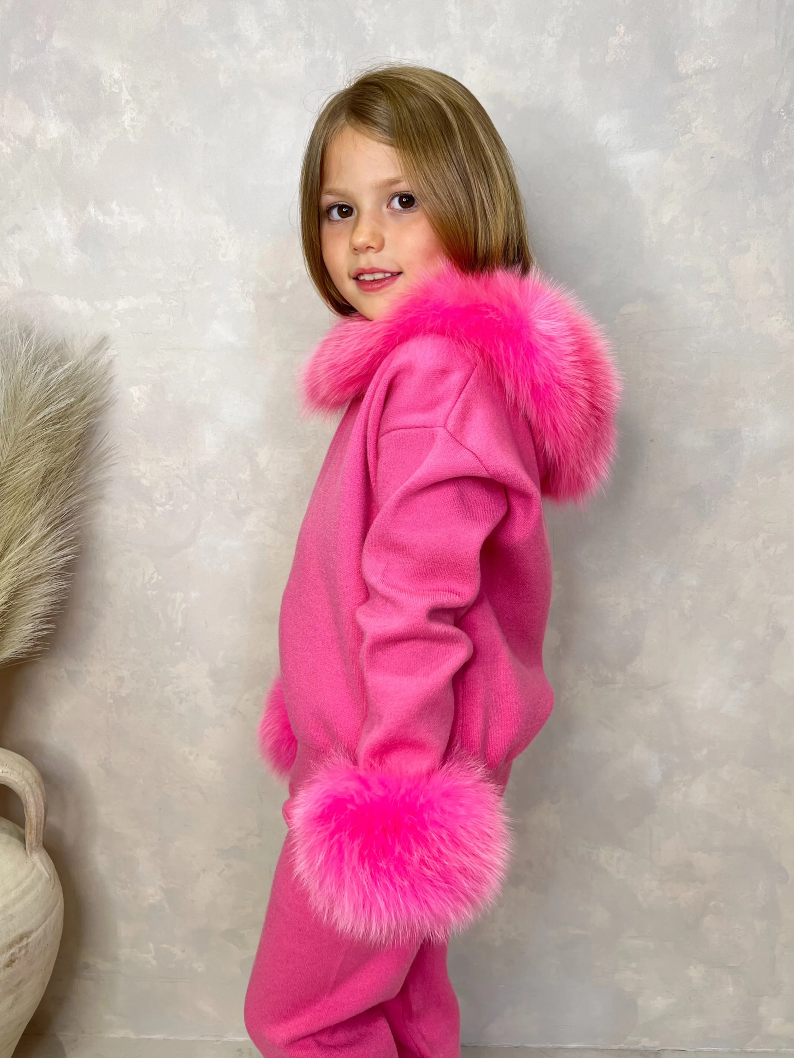 Childrens Hot Pink Luxury Fur Trim Hood & Cuff Tracksuit