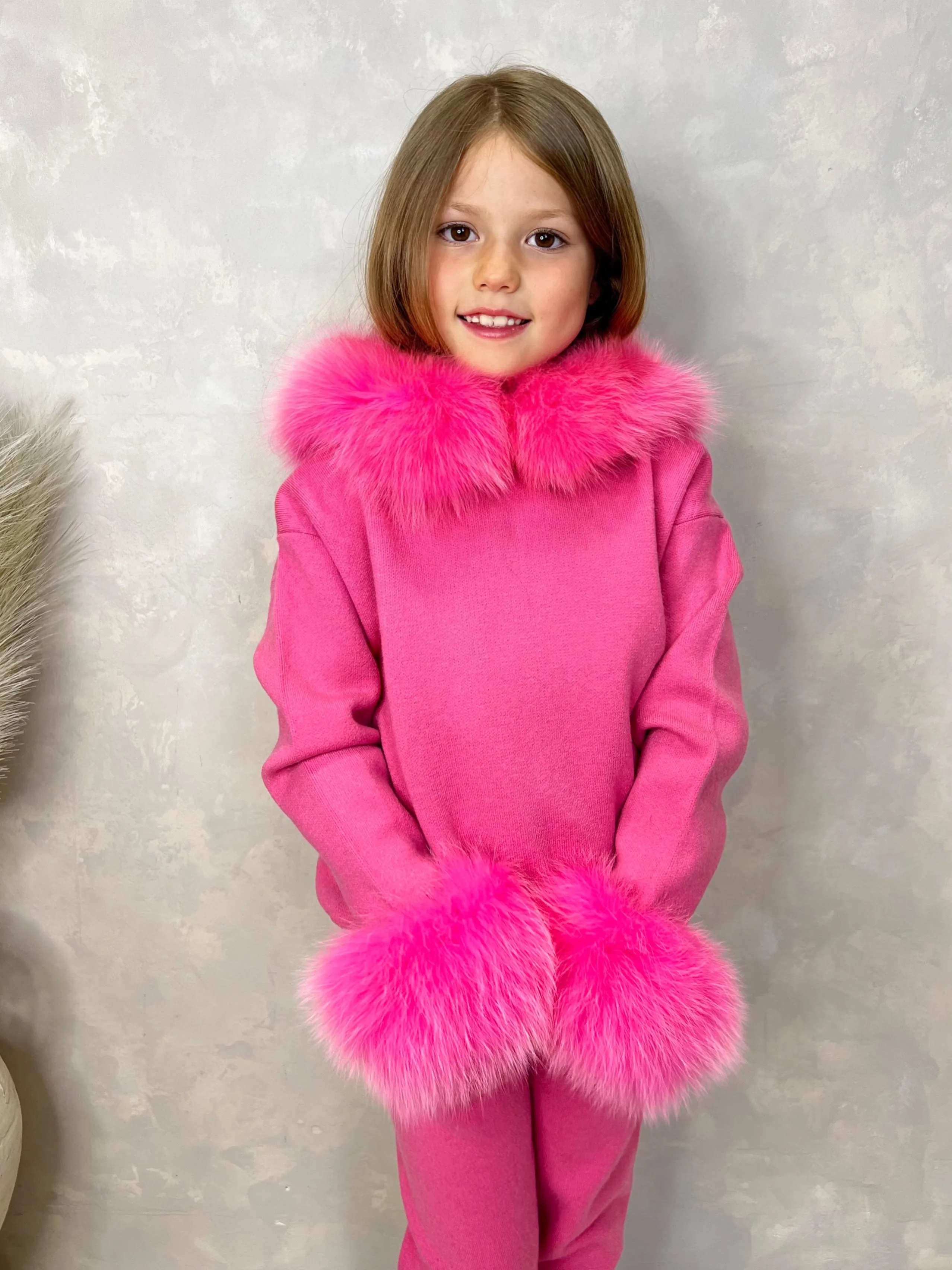 Childrens Hot Pink Luxury Fur Trim Hood & Cuff Tracksuit