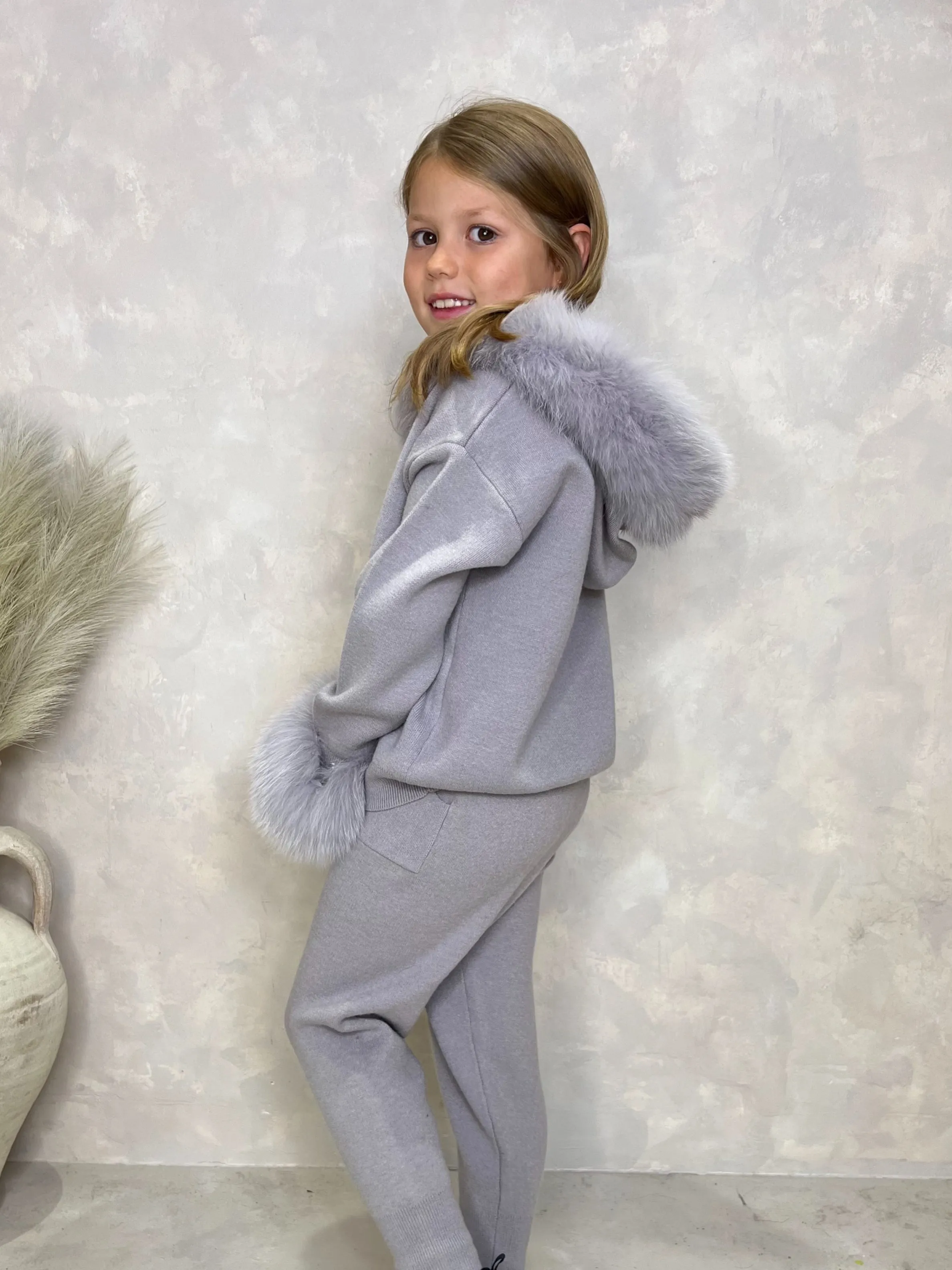 Childrens Light Grey Luxury Fur Trim Hood & Cuff Tracksuit