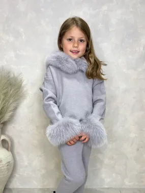 Childrens Light Grey Luxury Fur Trim Hood & Cuff Tracksuit