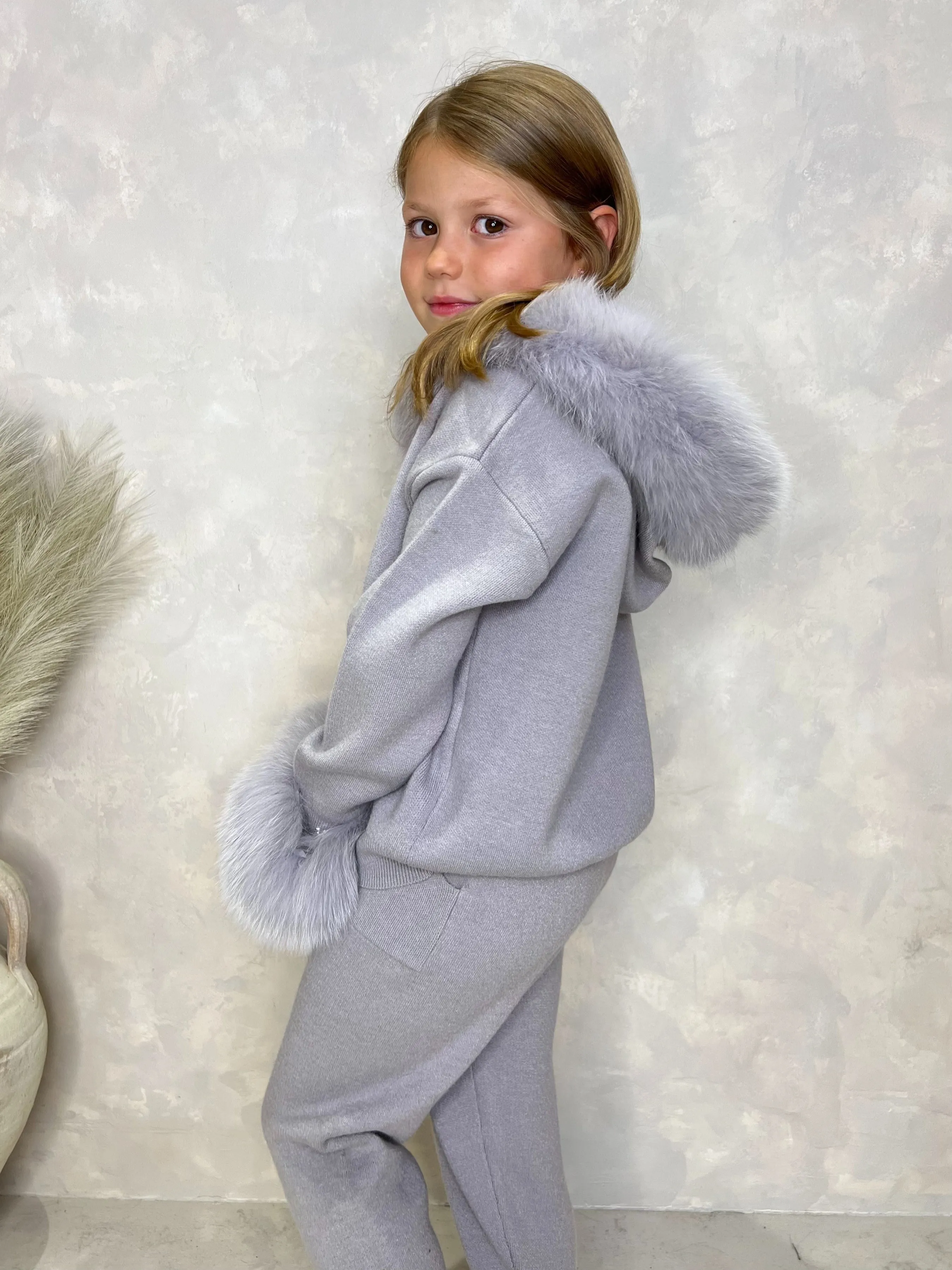 Childrens Light Grey Luxury Fur Trim Hood & Cuff Tracksuit