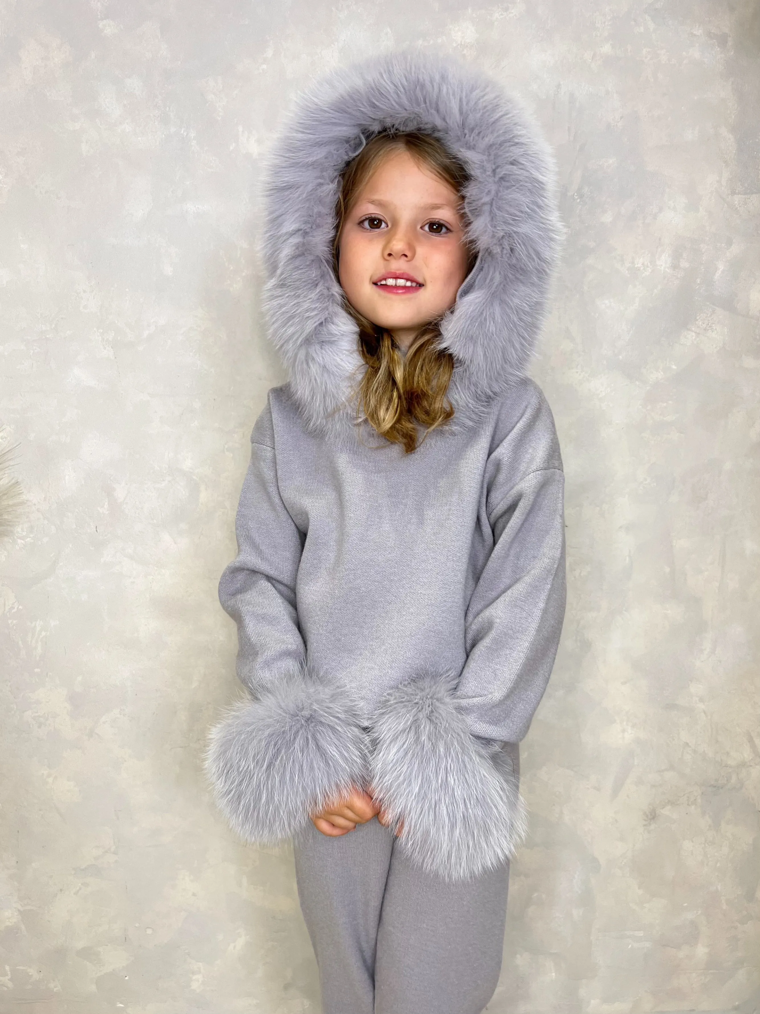 Childrens Light Grey Luxury Fur Trim Hood & Cuff Tracksuit
