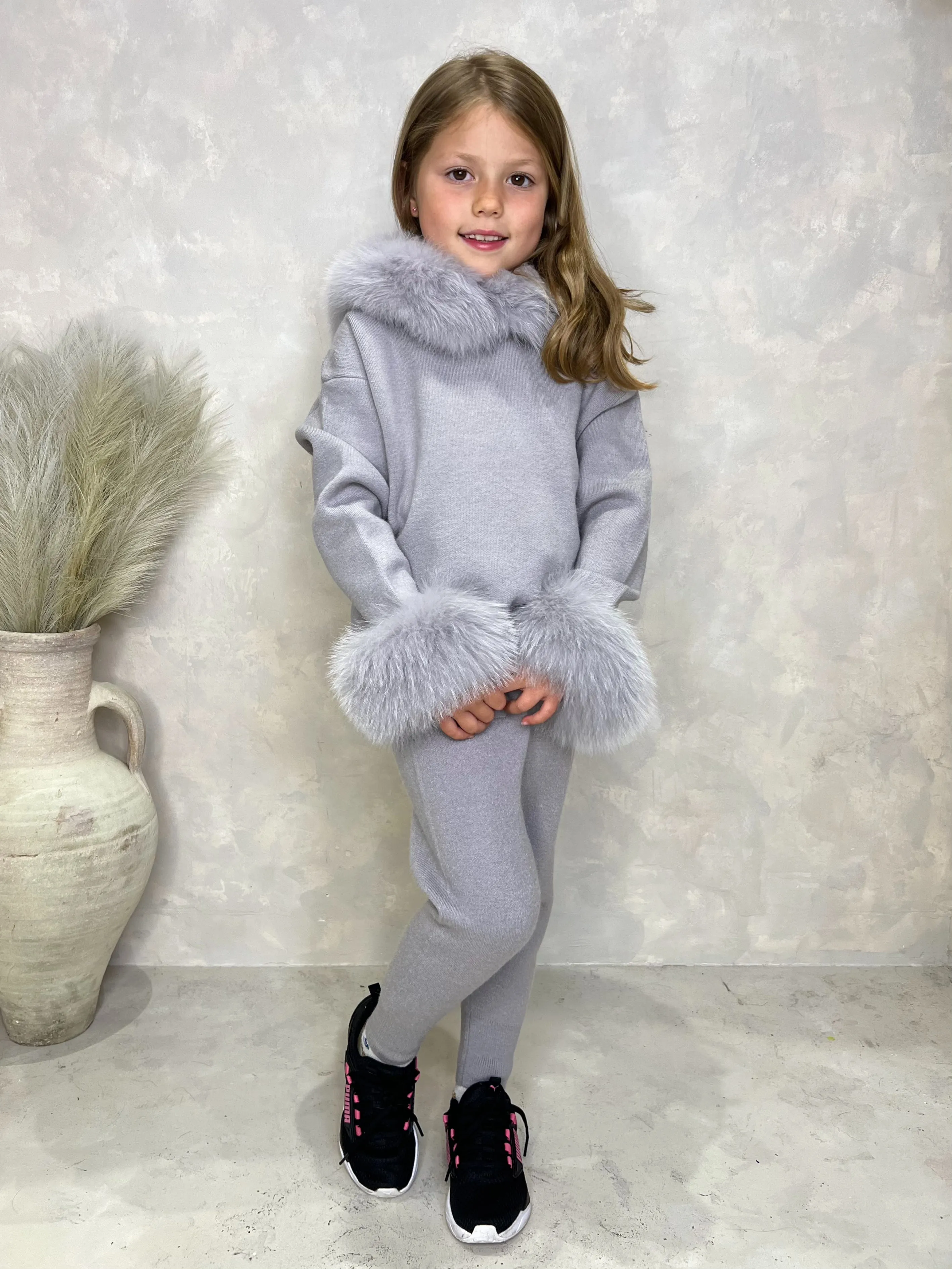 Childrens Light Grey Luxury Fur Trim Hood & Cuff Tracksuit