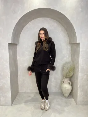 Chocolate Luxury Fur Trim Hood & Cuff Jogger Tracksuit