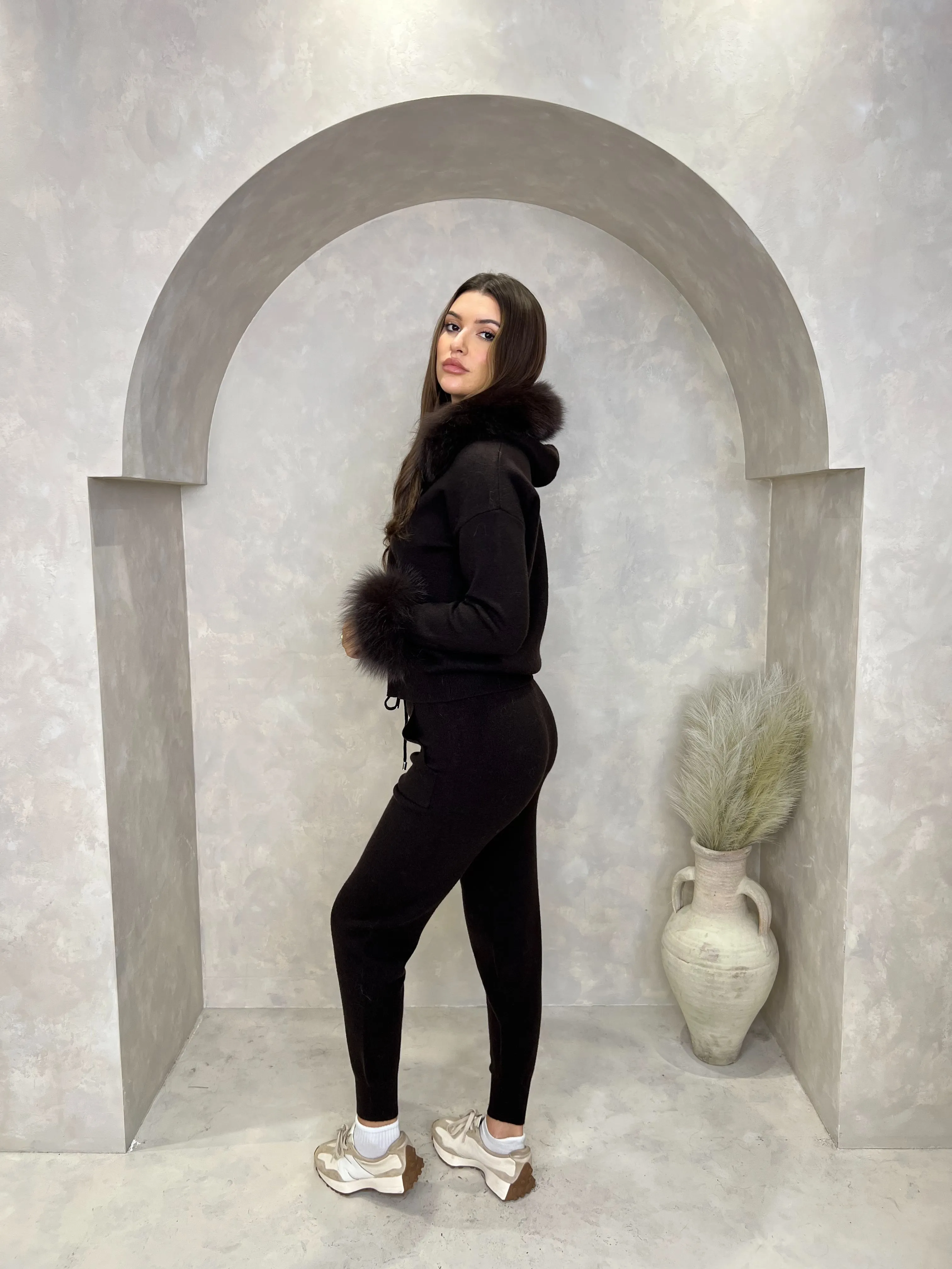 Chocolate Luxury Fur Trim Hood & Cuff Jogger Tracksuit