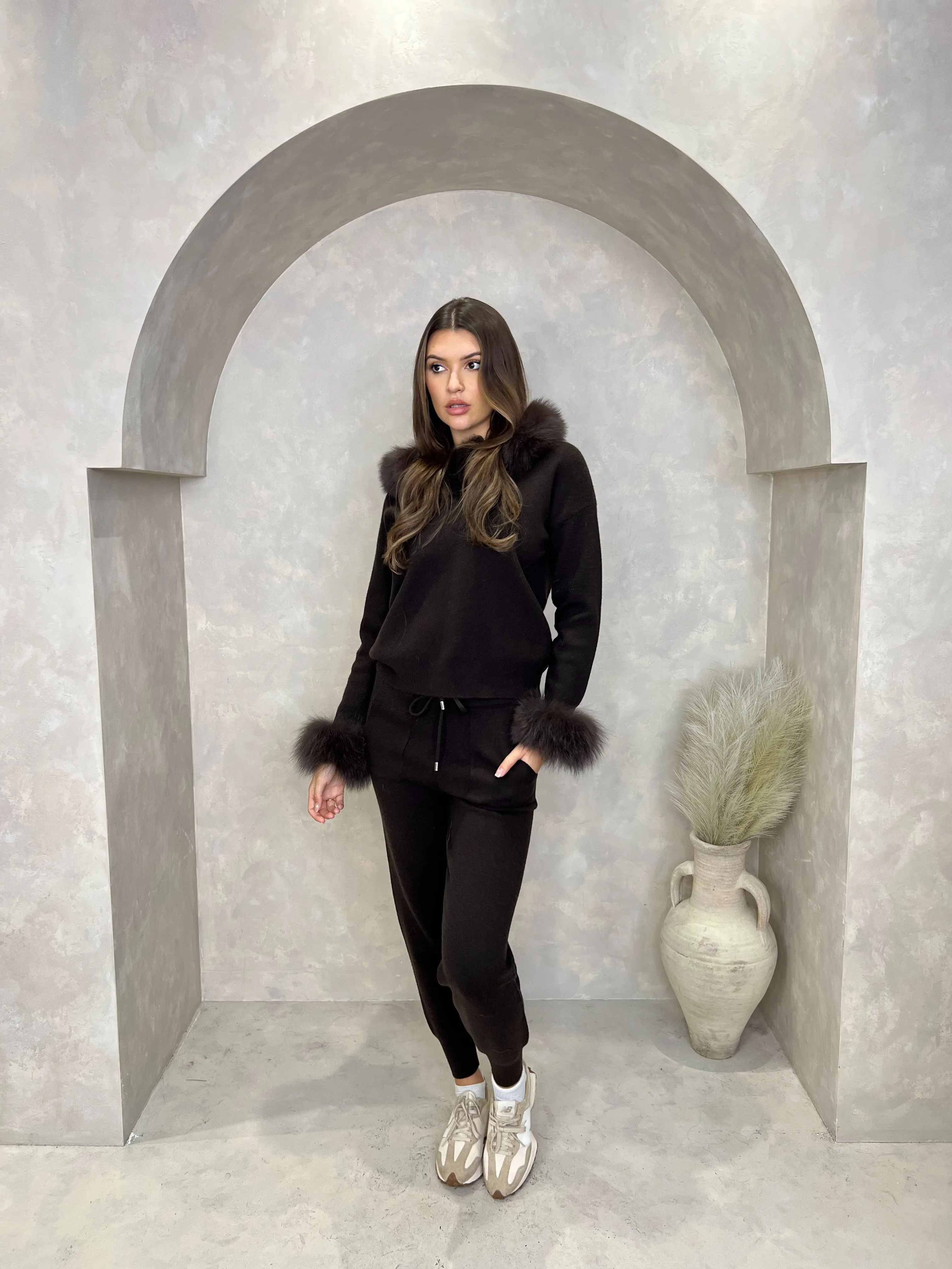Chocolate Luxury Fur Trim Hood & Cuff Jogger Tracksuit