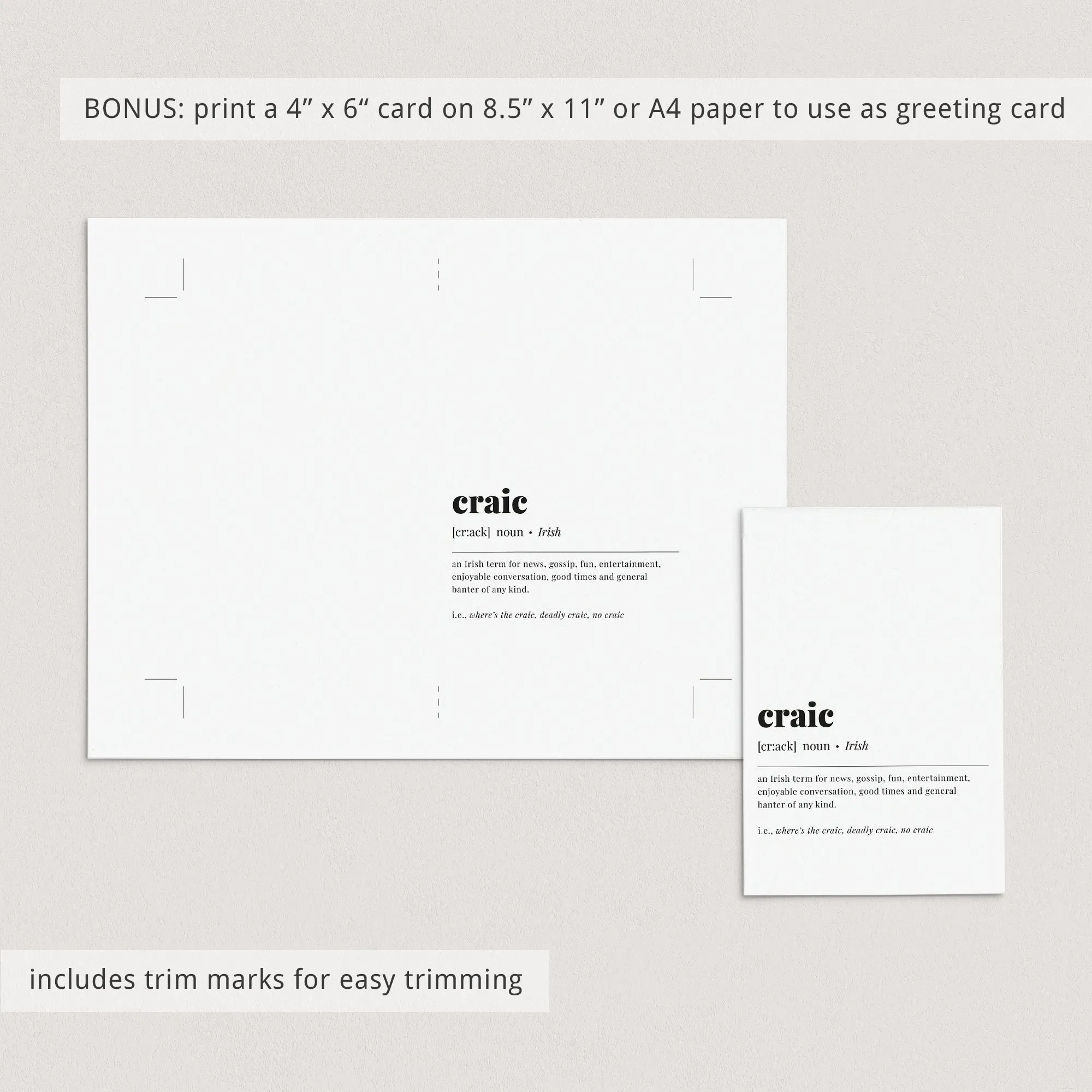 Craic Irish Definition Print Instant Download